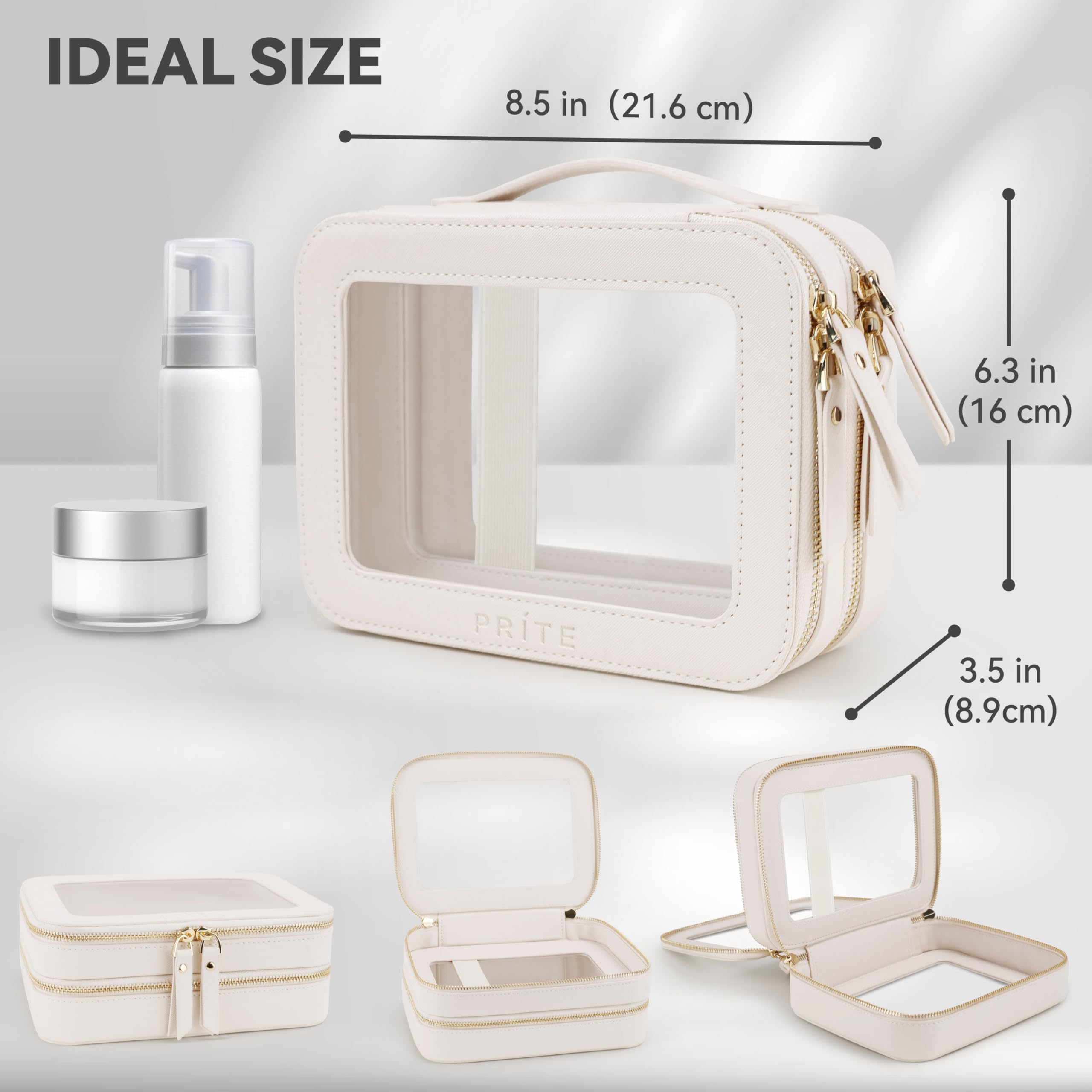 Prite Large Clear Makeup Bag with Gift Box Double Sided Cosmetic Case Two Layer Travel Toiletry Bag with Zippers and Compartment (Beige)