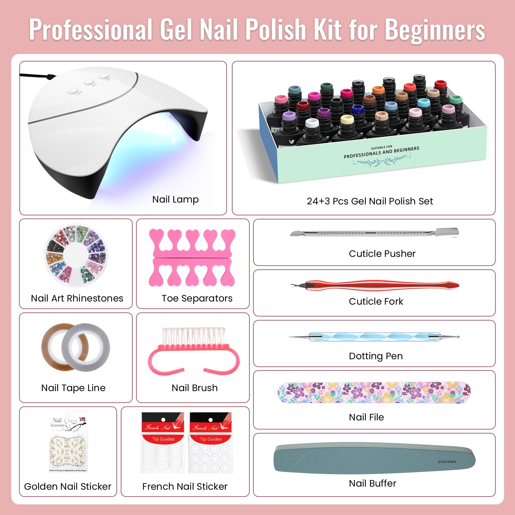VANREESA Gel Nail Polish Set with Lamp Starter Kit 24 Colours Nude Pink Red Brown Complete Gel Nail Kit for Beginners U V Nail Polish Set Salon Set Manicure Tools Gifts for Women