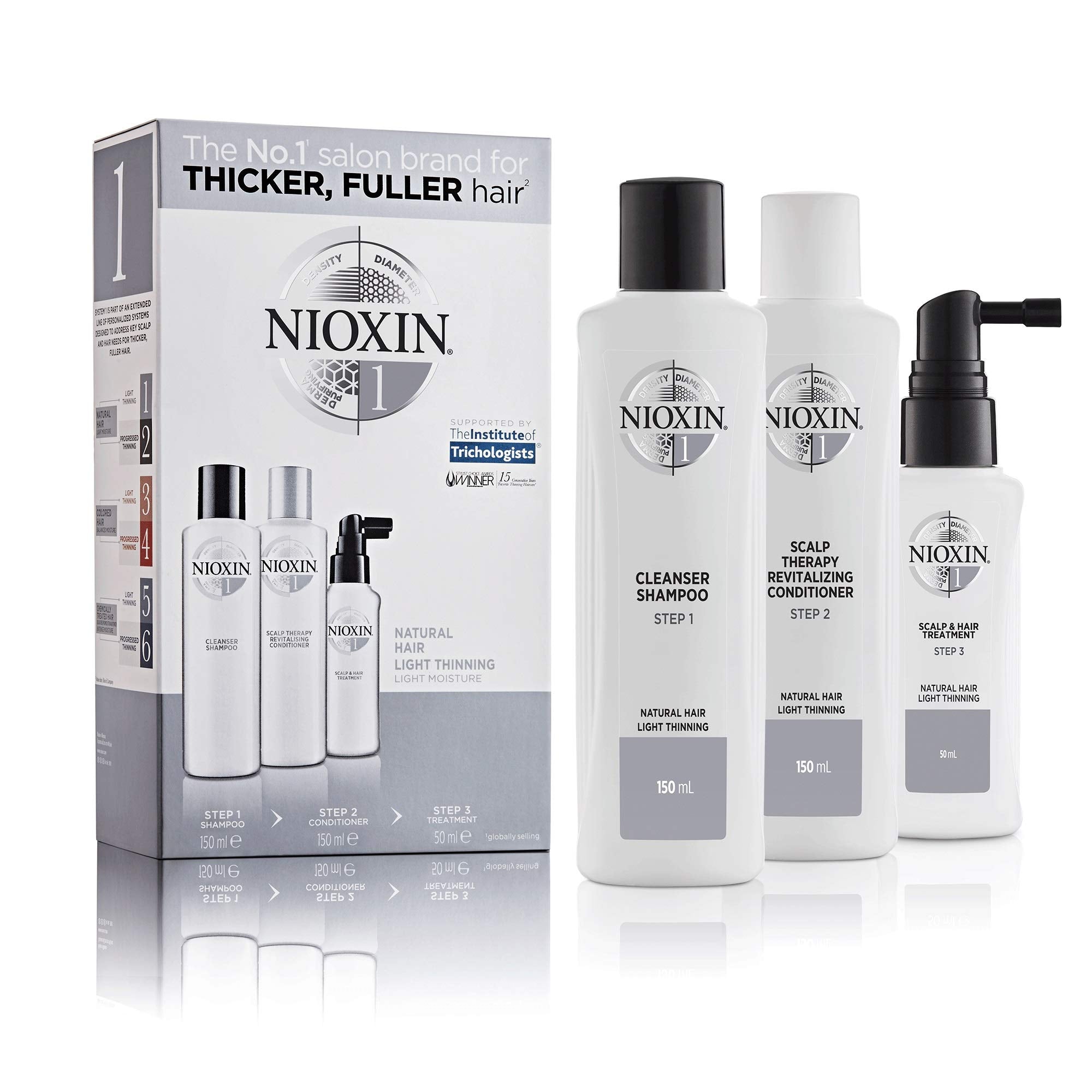 Nioxin 3-Part System, System 1 Natural Hair with Light Thinning, Hair Thickening Treatment, Scalp Therapy, Trial Kit