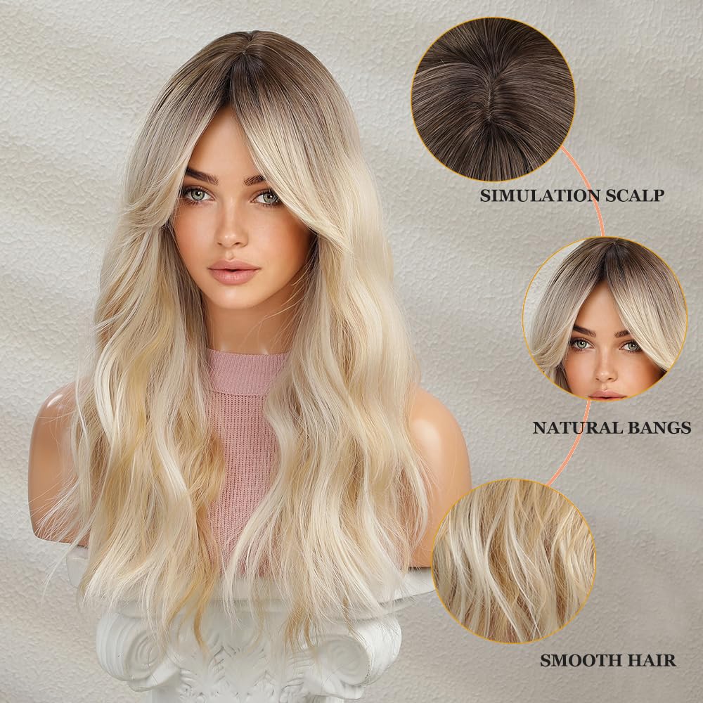 Esmee Long Wavy Ombre Blonde Wigs for Women Natuaral Synthetic Hair Heat Resistant Wig for Daily Party Cosplay Use
