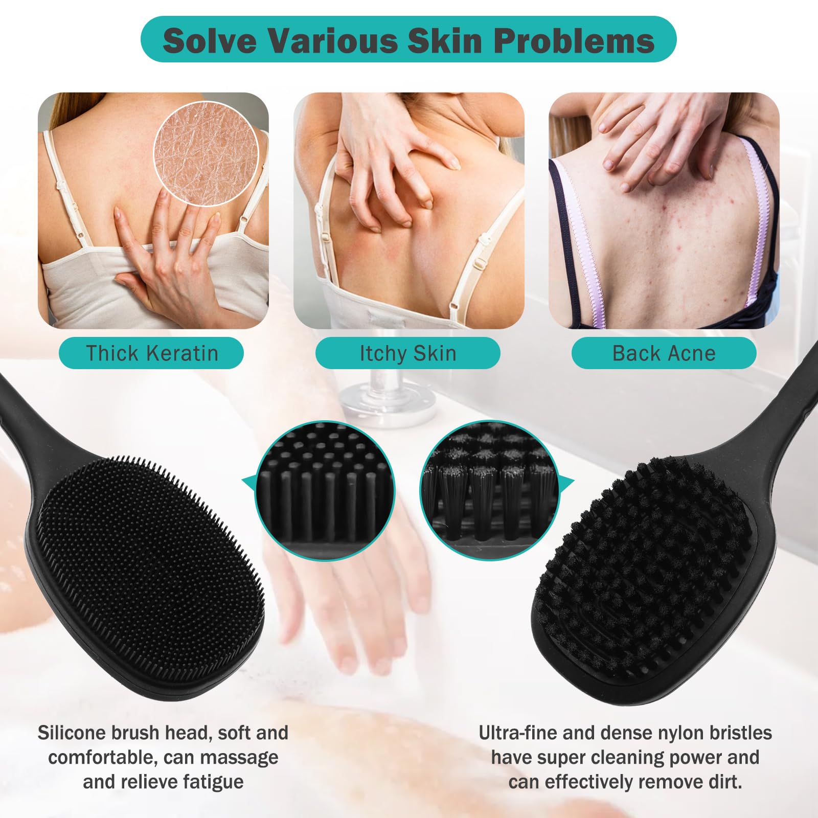 Row&Keep Back Scrubber for Shower, New Updated, Reversible Body Scrub Brush, Long Handle, Comes with Soft Silicone Bristles and Stiff Nylon Bristles for Shower Scrubbing and Massage