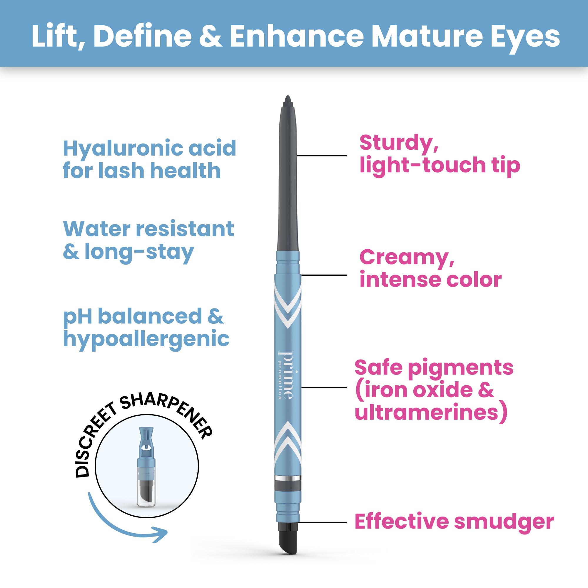 Prime Prometics PrimeEyes Glide Eyeliner for Mature Women – Waterproof, Long-Stay and Mess-Proof – Gel Cream Texture, Discreet Sharpener and Effective Smudger (Smoky)