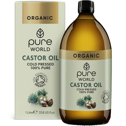 Pure World Natural Organic Castor Oil 1000ml Premium Quality Cold & Fresh Press Glass Bottle Hexane Free for Hair, Skin - Ideal for Moisturizing, Conditioning, and Eyelashes & Eyebrows- Food Grade
