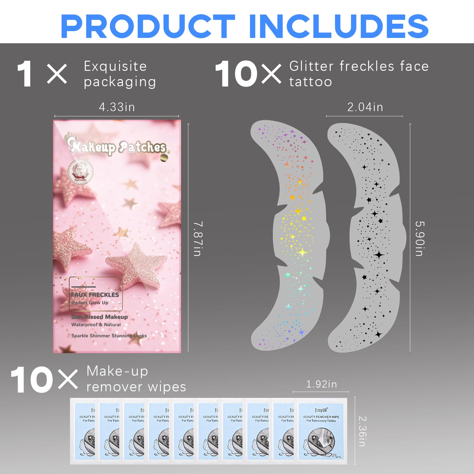 Noerrors Glitter Freckles Face Tattoo, 10pcs Multichrome Holographic Sparkle Face Glitter Speckles Patches, Waterproof Metallic Cute Star Temporary Tattoo Stickers Makeup Festival Rave Accessories