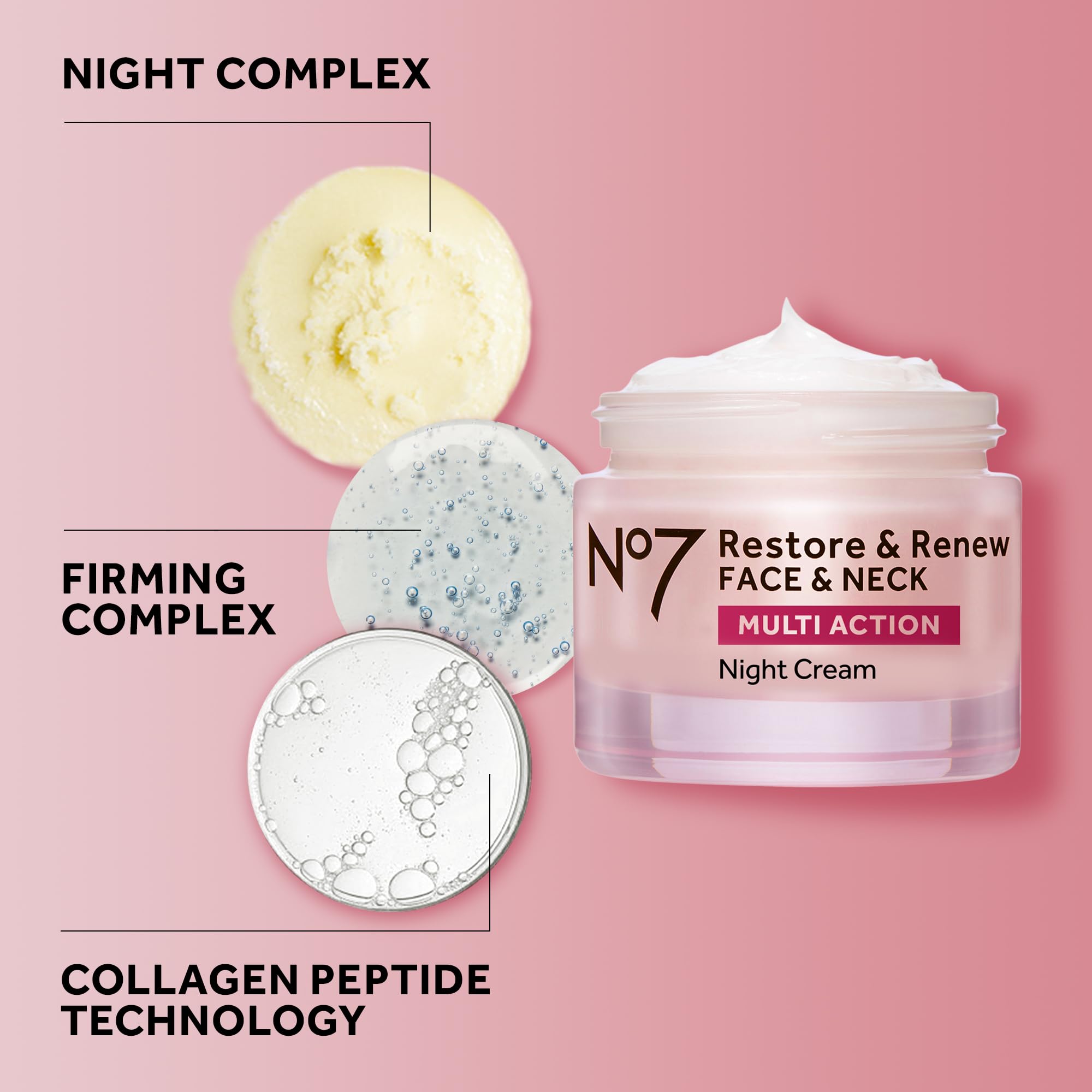 No7 Restore & Renew Multi Action Face & Neck Cream - Nighttime Collagen Peptide Facial Moisturizer - Anti Aging Face Cream Enriched with Hyaluronic Acid, Shea Butter + Vitamin E to Firm Skin (50ml)