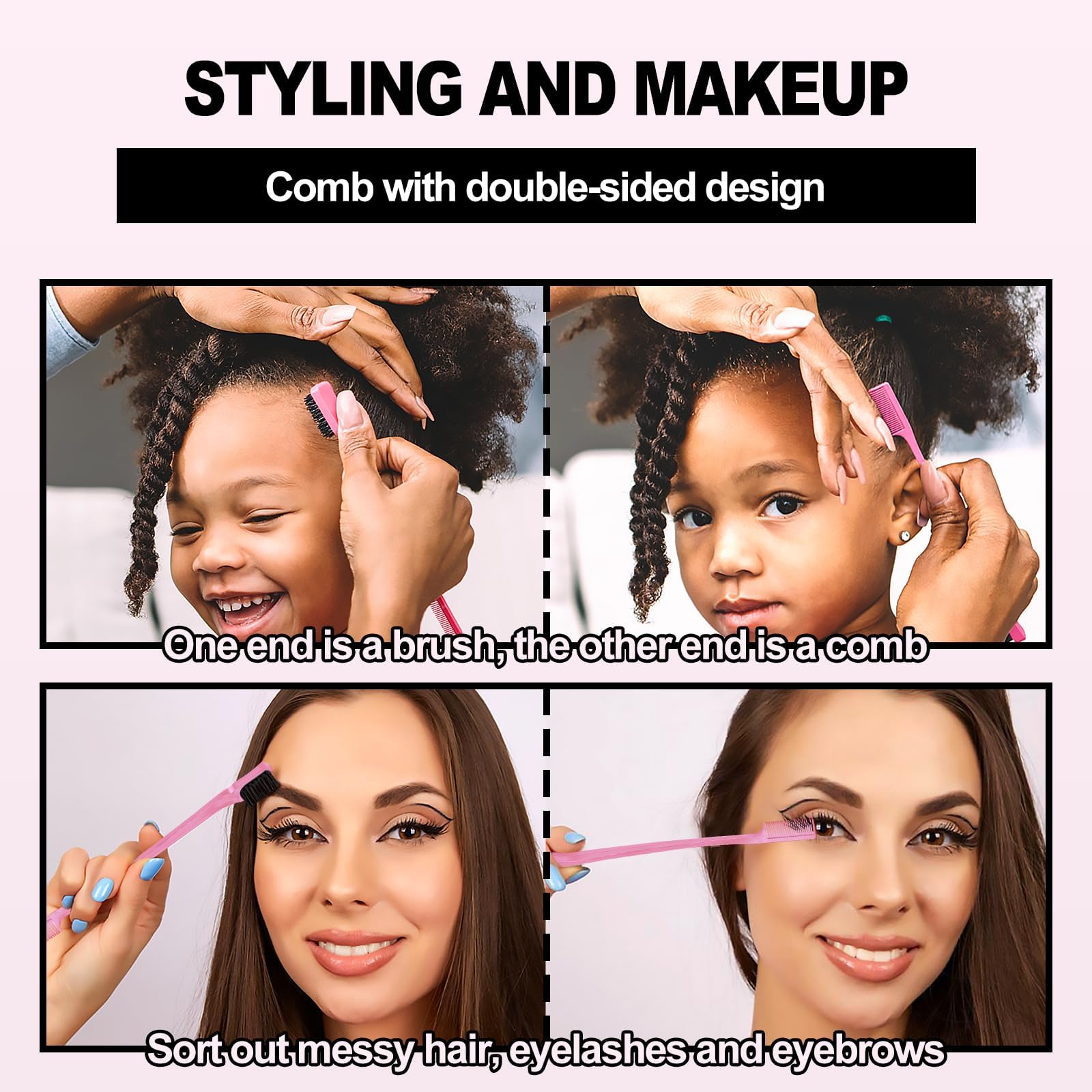 Soodyoow Hair Brush Set with Rat Tail Comb, Double Sided Edges Brush, Bristle Hair Brush for Women Baby Children, Pink