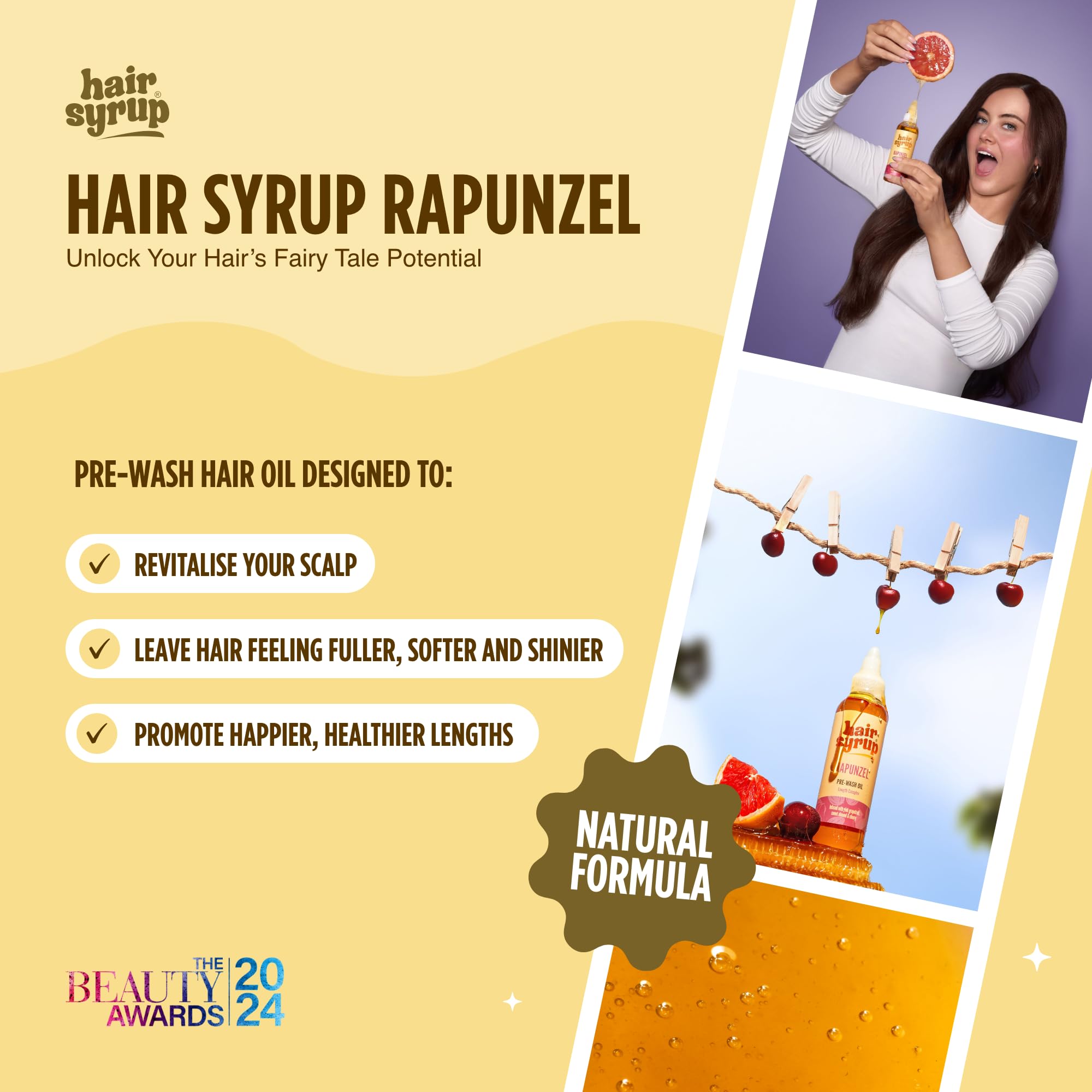 Hair Syrup | Rapunzel Pre-Wash Hair Oil | Infused with Pink Grapefruit, Sweet Almond & Cherry | Revitalise Your Scalp & Mind | Vegan | 100% Natural | 300ml Pump Bottle Applicator
