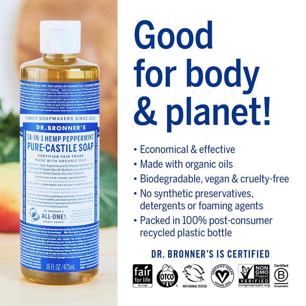 Dr. Bronner's - Pure-Castile Liquid Soap (Peppermint, 16 ounce) - Made with Organic Oils, 18-in-1 Uses: Face, Body, Hair, Laundry, Pets and Dishes, Concentrated, Vegan, Non-GMO
