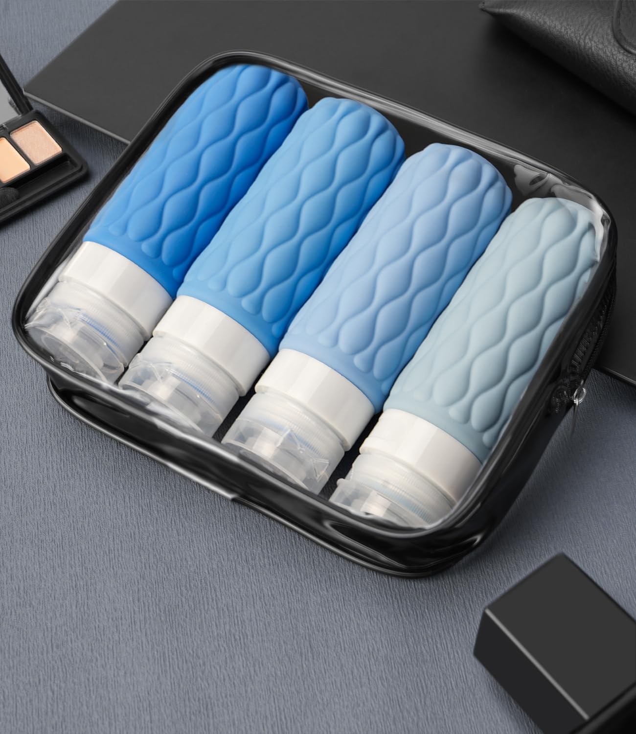 4 Pack Travel Bottles for Toiletries with Labels, 100 ml Silicone Travel Bottles Set with Clear Zipper Toiletry Bag, Leakproof Refillable Squeeze Travel Size Containers for Shampoo Conditioner