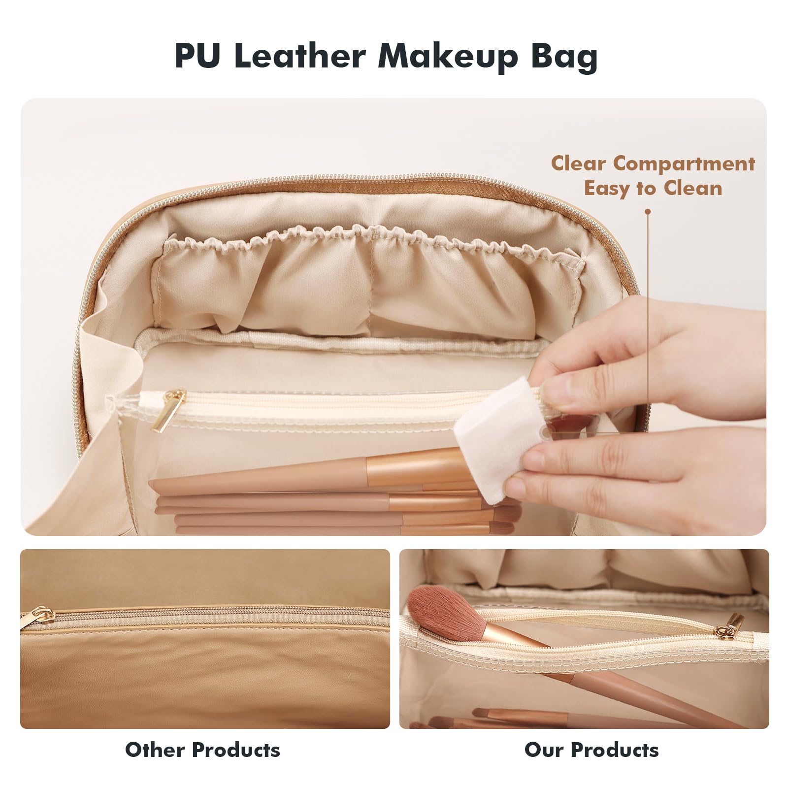 Prite Large Capacity Makeup Bag Portable Travel Cosmetic Bag Waterproof Toiletry Case with Clear Divider and Handle (Beige)