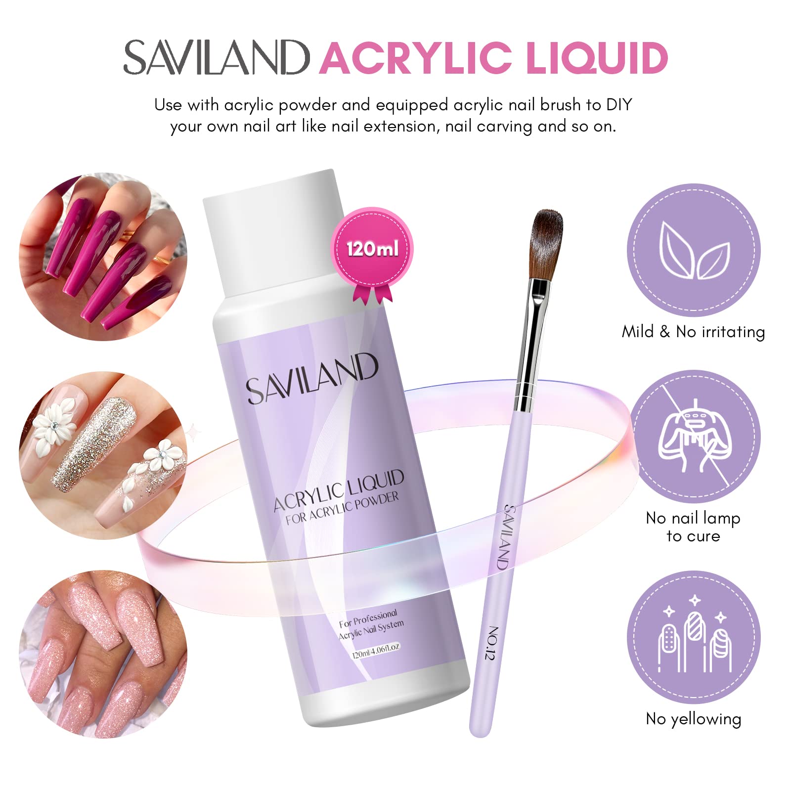Saviland Acrylic Monomer Liquid Kit - Monomer Kit with 120ml Liquid, Nail Dehydrator, Acrylic Brush for Powder, Gel, and Extension
