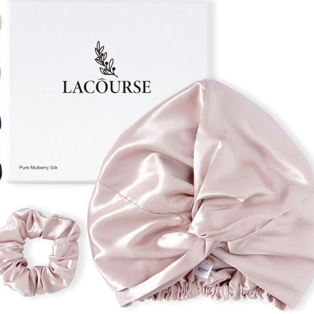 LaCourse 100% Genuine 22Momme Silk Bonnet for Sleeping, Double-Layered Mulberry Silk Hair Wrap with Premium Elastic Stay on Head. (One Size, Pink)