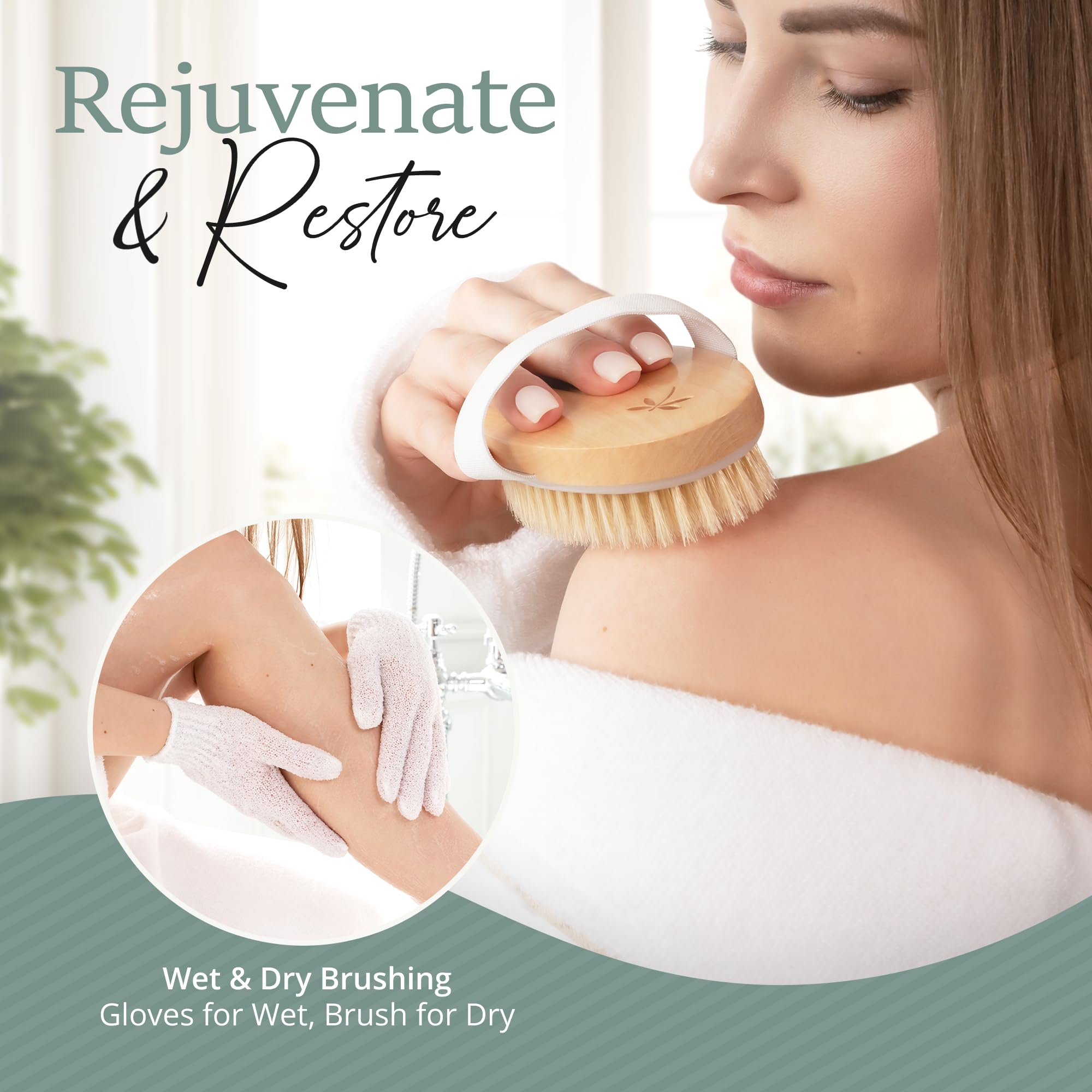Belula Premium Dry Brushing Body Brush Set- Natural Boar Bristle BodyBrush, Exfoliating FaceBrush & One Pair Bath & Shower Gloves. Free Bag & How to – Great Gift for A Glowing Skin & Healthy Body