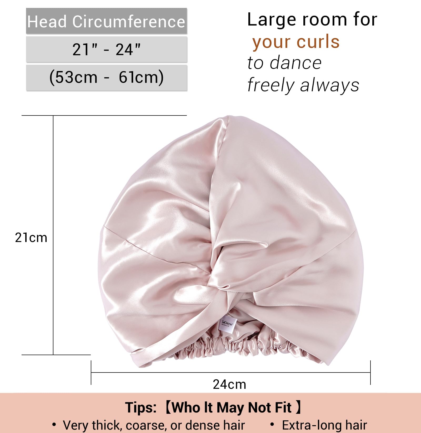 LaCourse 100% Genuine 22Momme Silk Bonnet for Sleeping, Double-Layered Mulberry Silk Hair Wrap with Premium Elastic Stay on Head. (One Size, Pink)