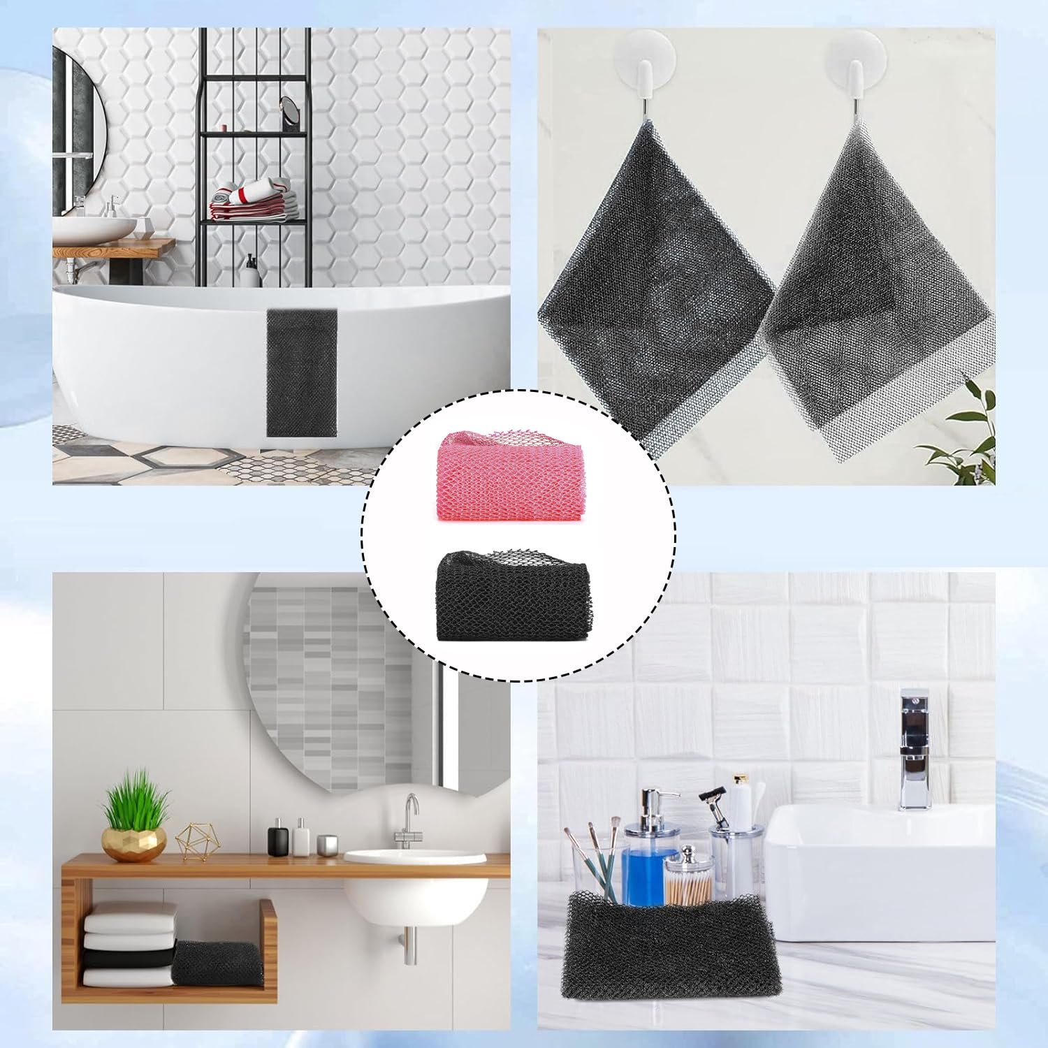 2Pack African Net Sponge Bath Body Exfoliating Scrubber Mesh Exfoliating Bath Sponge Back Scrubber Skin Smoother Deep Cleaning for Men & Women Shower/Stocking Stuffer Body Washing (Black+Pink)