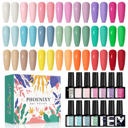 Phoenixy Gel Nail Polish, 21 Colours Nail Polish Starter Kit Soak Off Gel Polish Nail Varnish Set Base and Top Coat Gifts Set for Women