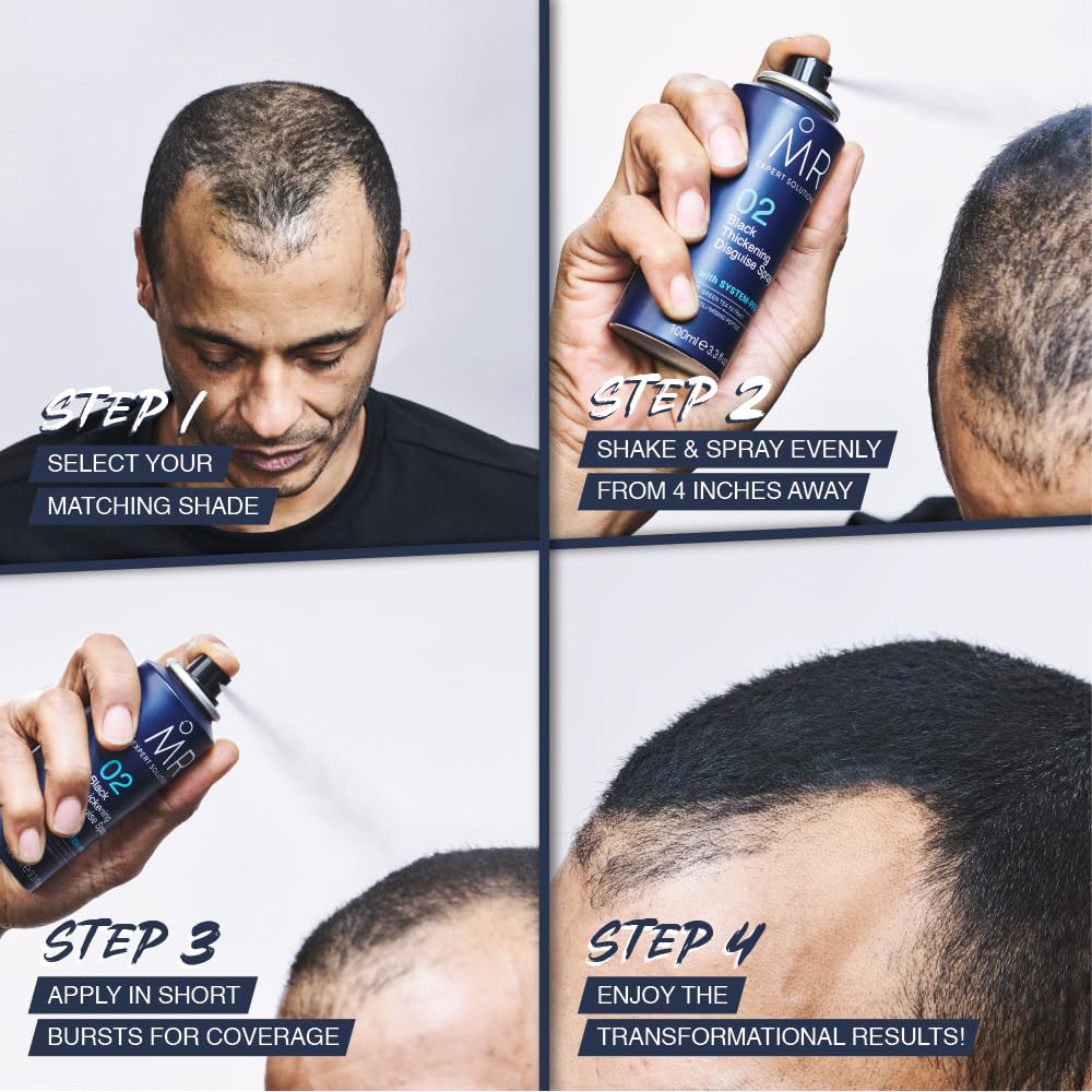 MR Black Thickening Disguise Spray for Men, Conceals Bald Patches and Thinning Hair + Protect Appearance of Thicker Hair with System PPX & Green Tea Extract, 100ml