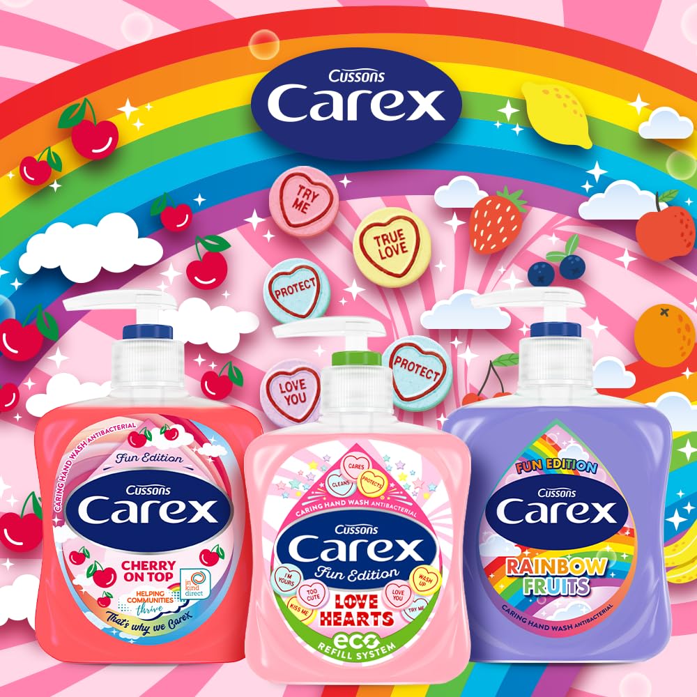 Carex Fun Editions Love Hearts Hand Wash Pack of 6, Antibacterial Hand Soap with Fun Edition Swizzles Love Hearts Fragrance, Soap that Cleans, Cares and Protects, 250ml