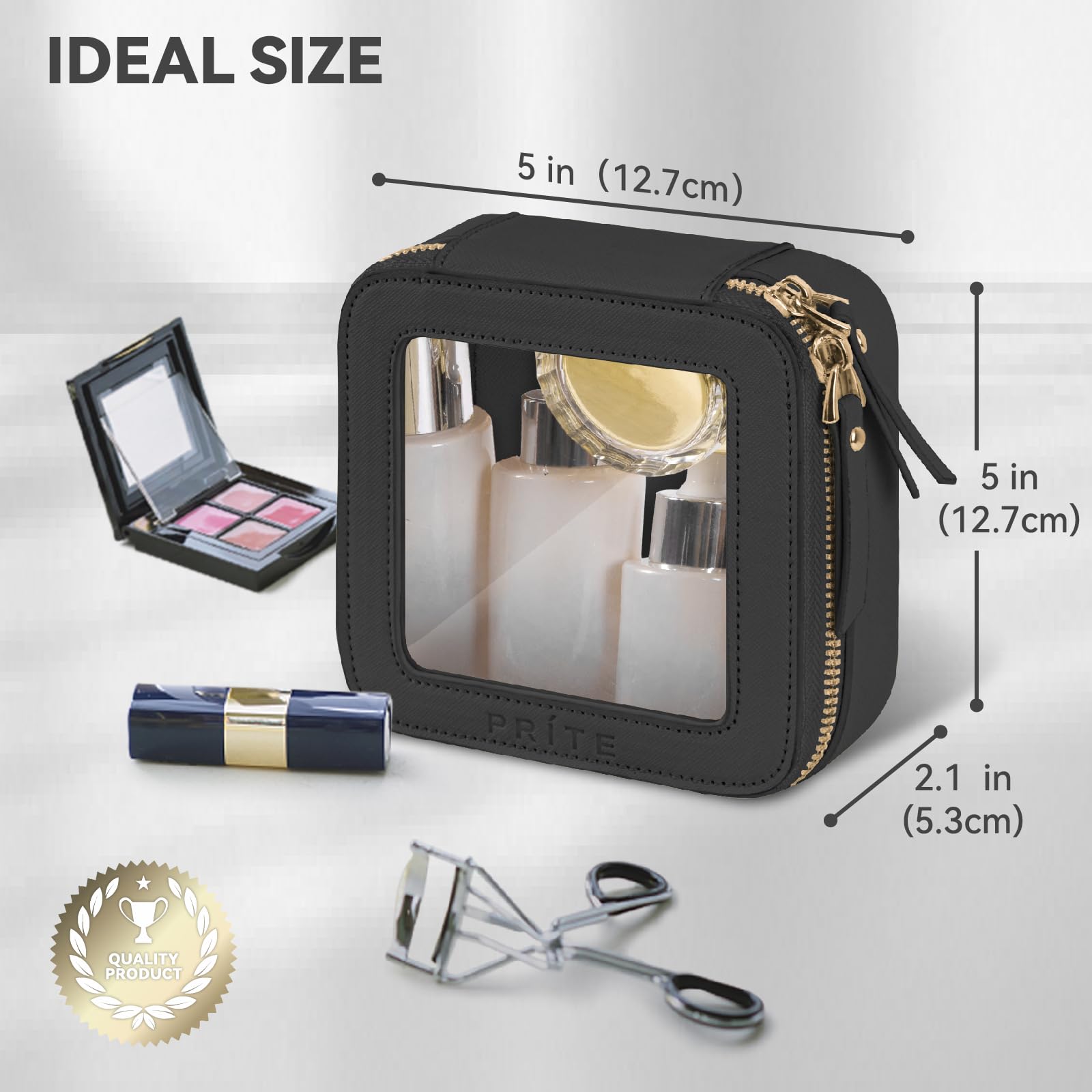 Prite Small Clear Makeup Bag with Gift Box Mini Cosmetic Case Waterproof Travel Toiletry Pouch Car Essentials with Double Zippers (Black)