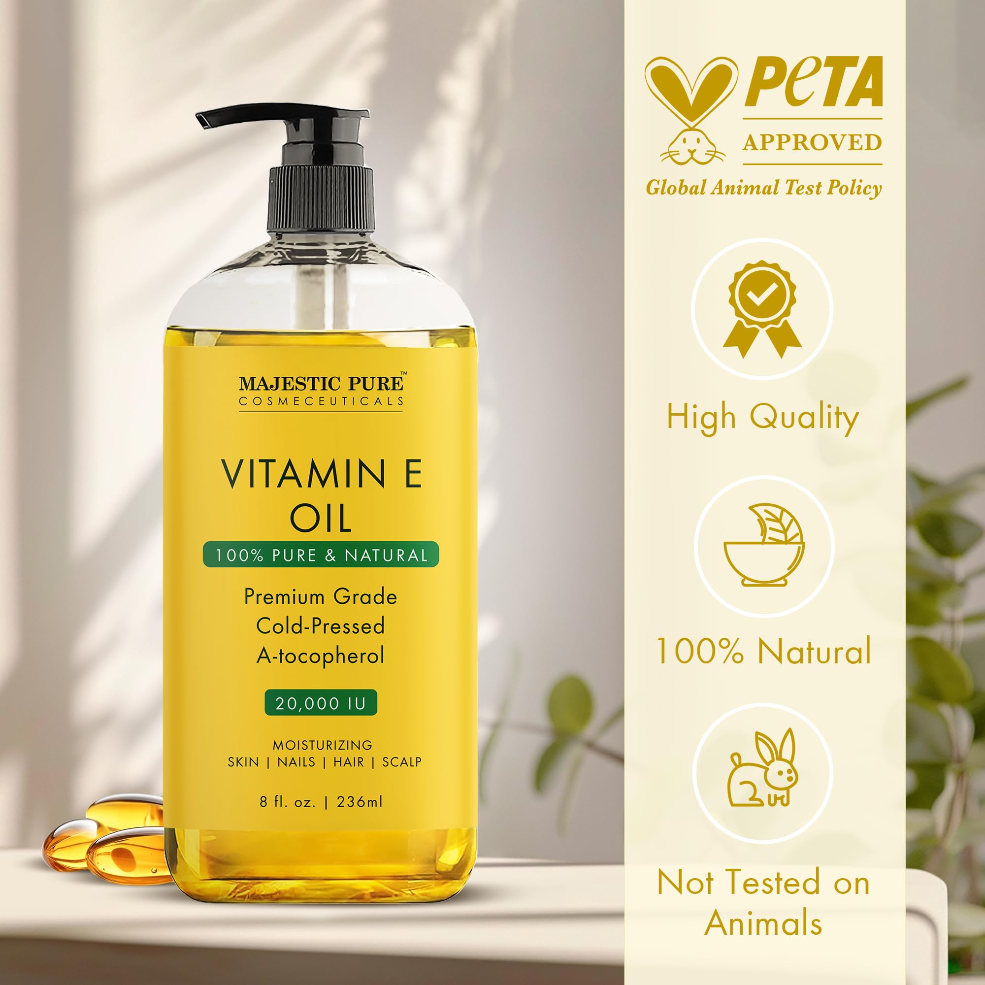 MAJESTIC PURE Vitamin E Oil | 100% Pure and Natural Cold Pressed Vitamin E oil for Skin, Scars, Face, Nails, Hair, Scalp | 20,000 IU | Non-GMO Verified | Hair & Body Oil | 8 Fl Oz