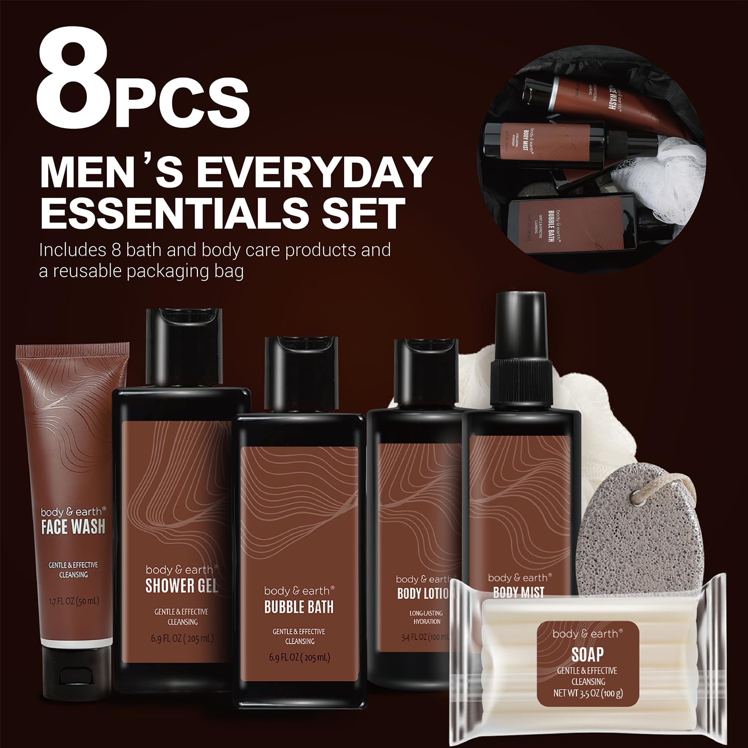 Bath and Body Gift Baskets for Men Body & Earth Sandalwood Mens Bath Set with Body Lotion, Face Wash, Shower Gel, Bubble Bath, Loofah & More, Gift Set for Men,Fathers Day Gifts for Him
