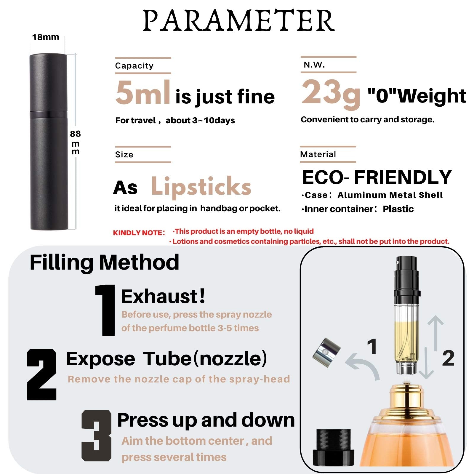 AsaNana Perfume Atomiser, Refillable & Travel Size Perfume Bottle, Leaking Proof,Bottom Pump without Funnel, Luxurious Small women and men, 5ml (CLa-2P(Black&Gray))