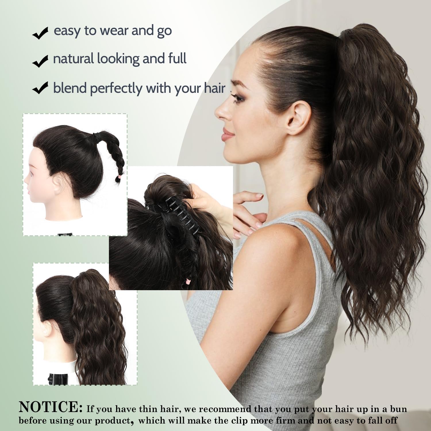 FINE PLUS Ponytail Extension Claw Clip in Ponytail Hair Extensions Synthetic Claw Curly Ponytail Extension for Women 18inch Curly Wave Claw Clip Ponytail Hairpiece Dark Chocolate Brown