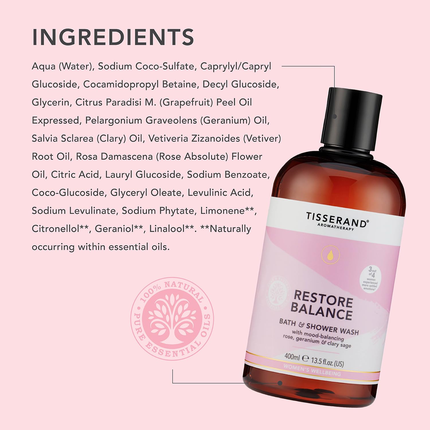 Tisserand Aromatherapy - Restore Balance Bath & Shower Wash - Perimenopause, Menopause & Menstruation Support for Women - Rose, Clary Sage & Geranium - 100% Natural Essential Oils - 400ml
