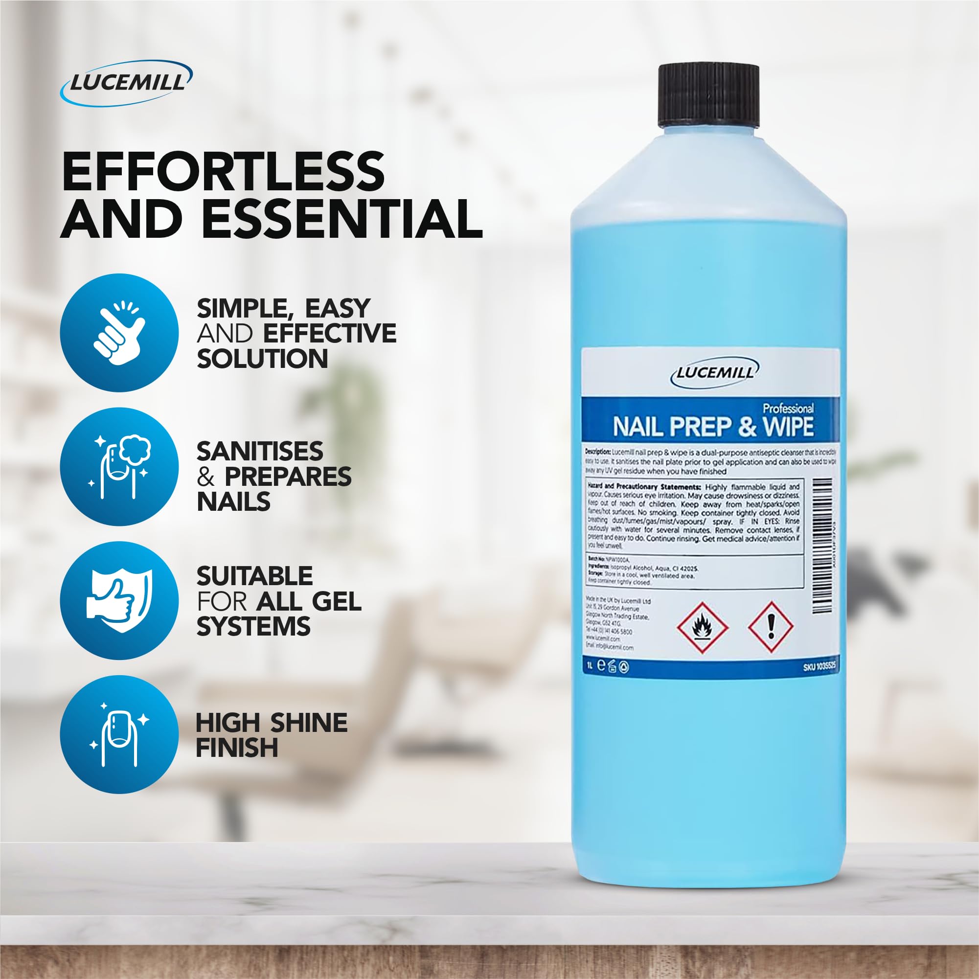 Lucemill Nail Prep & Wipe Gel Polish Cleanser | Professional Formula for Gel Nails & Acrylics | Alcohol Wipe Off Solution - 1 Litre