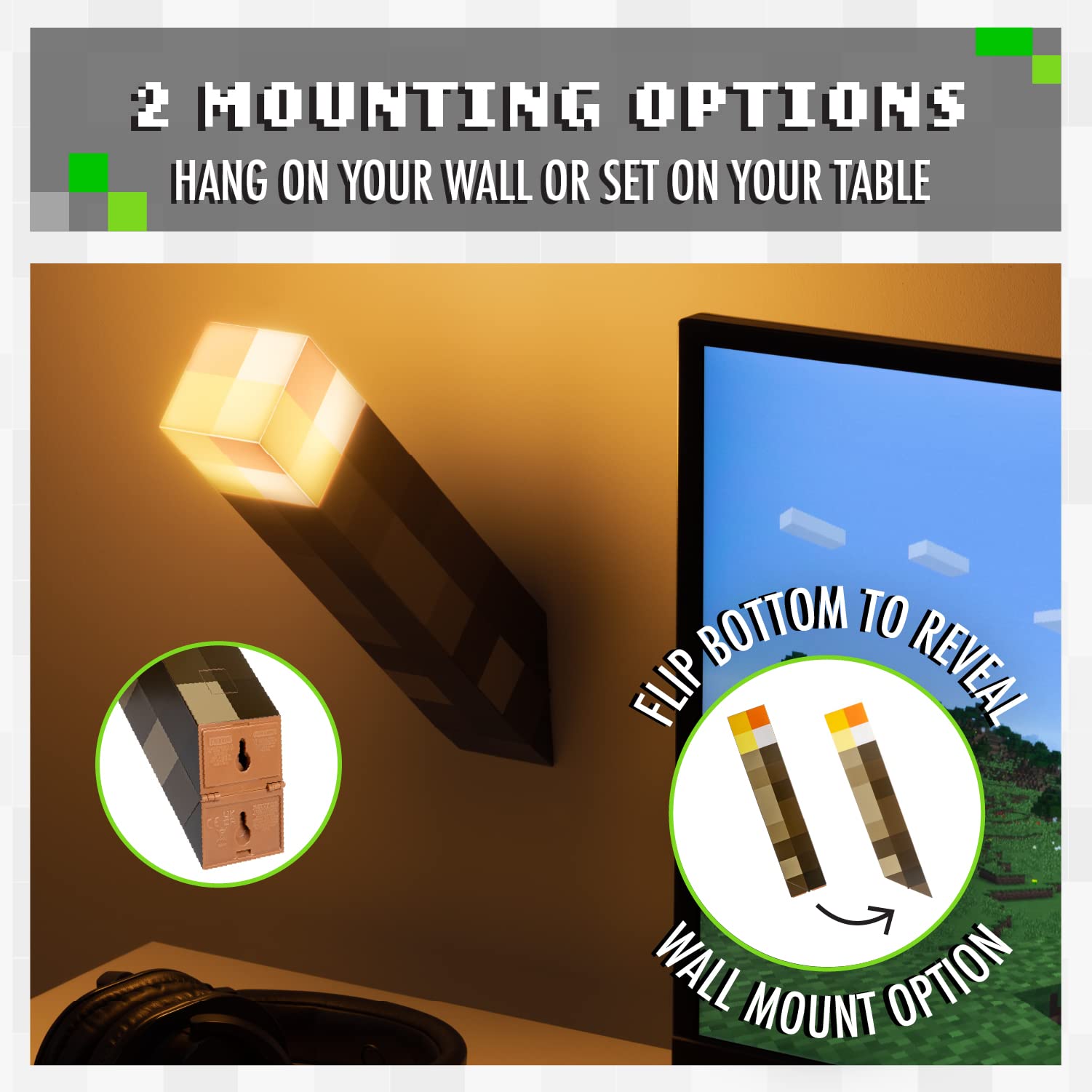 Minecraft Torch Lamp and Night Light, Wall Mountable or Freestanding, Battery-Powered, Officially Licensed Minecraft Room Decor