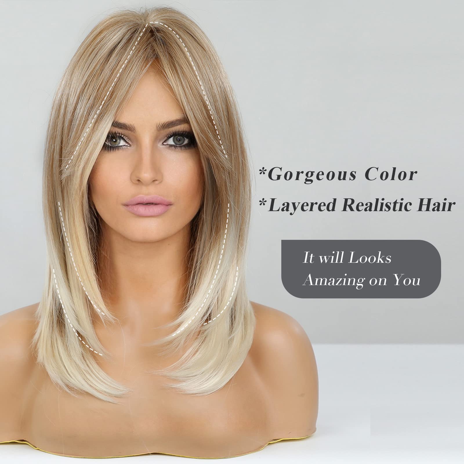 HAIRCUBE Long Blonde Wigs for Women, Synthetic Hair Shoulder-Length Wig with Fringe