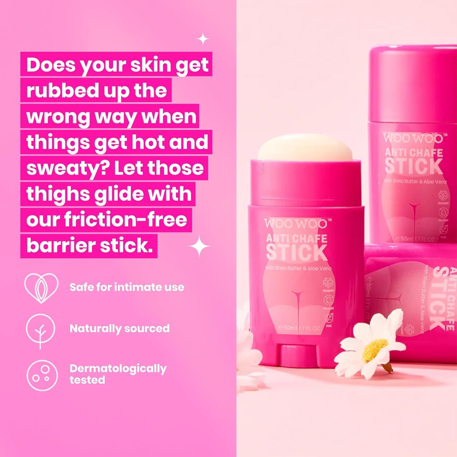 WooWoo Anti Chafe Stick with Aloe Vera and Shea Butter 50ml - Cruelty and Paraben Free Body Anti Chafing Balm, Thigh Rescue Anti-Friction Stick