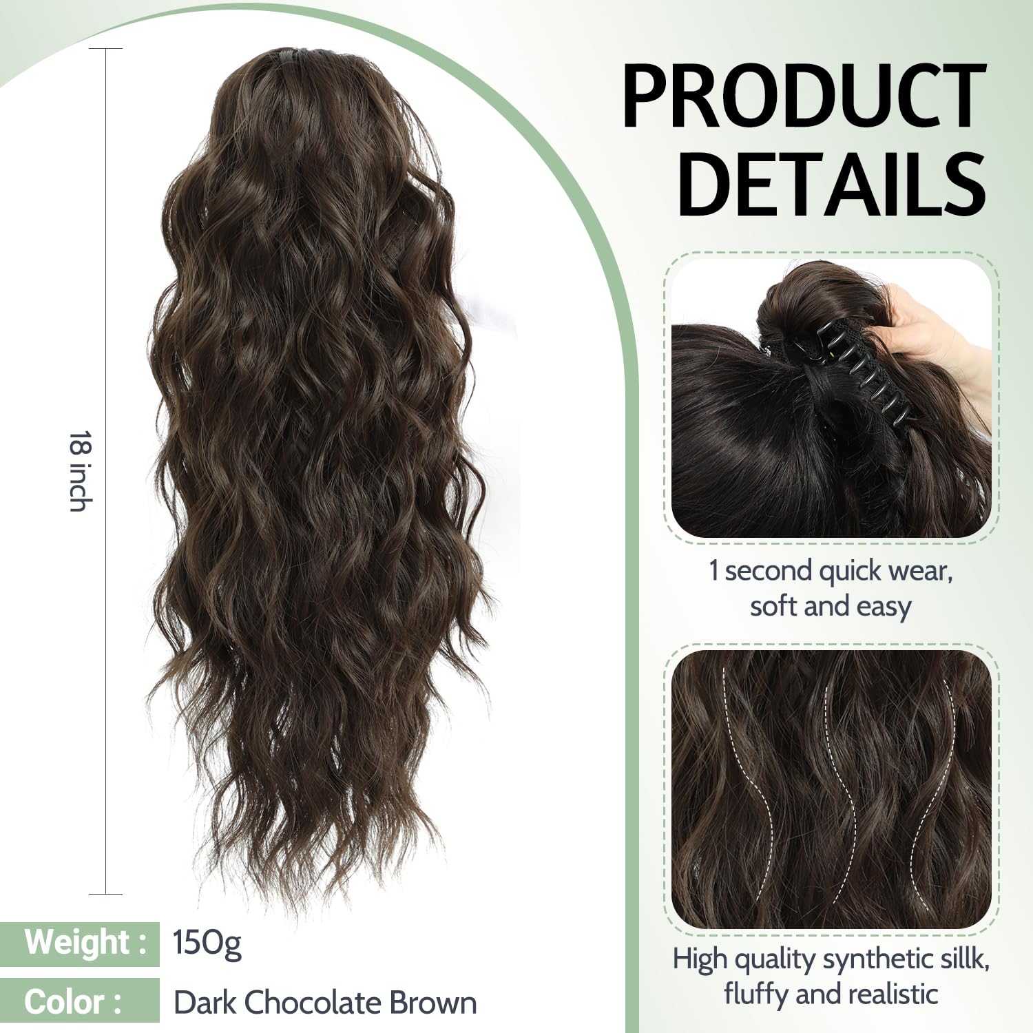 FINE PLUS Ponytail Extension Claw Clip in Ponytail Hair Extensions Synthetic Claw Curly Ponytail Extension for Women 18inch Curly Wave Claw Clip Ponytail Hairpiece Dark Chocolate Brown