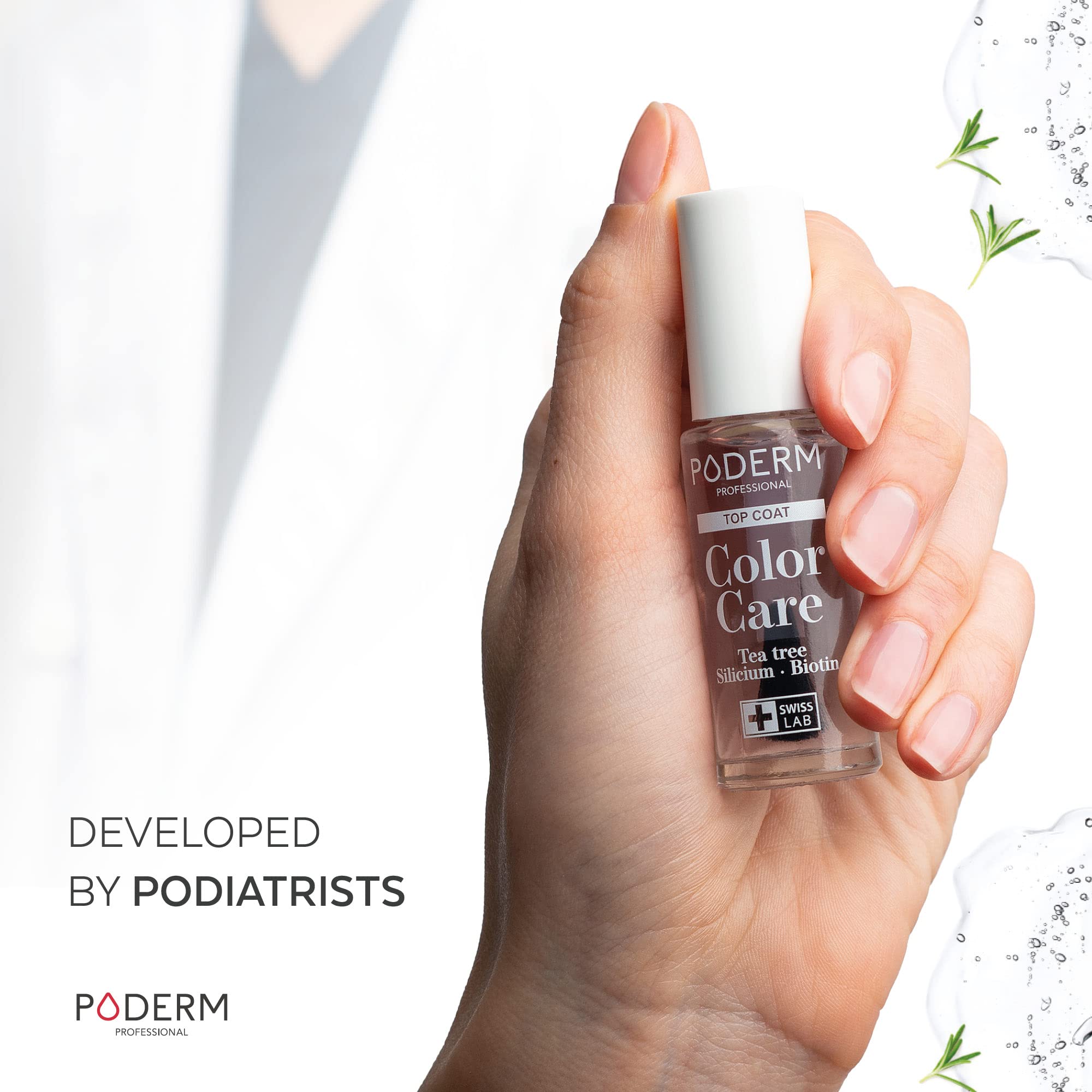 PODERM - TOP COAT Protective - Enriched with TEA TREE - Ensures long-lasting colour - Prevention & Treatment for Yellow/Damaged Nails - Natural & Vegan Ingredients - Swiss Lab