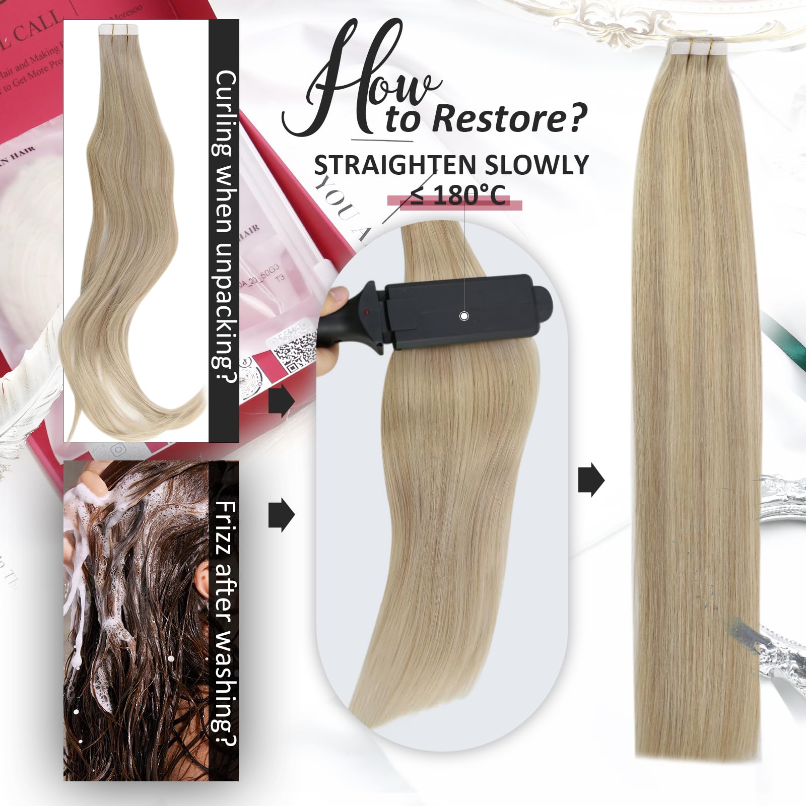 Moresoo Tape Hair Extensions Blonde Tape in Human Hair Extensions Ash Blonde with Platinum Blonde Real Human Hair Extensions Tape in 12 Inch 20 Pieces/30g #P18/613