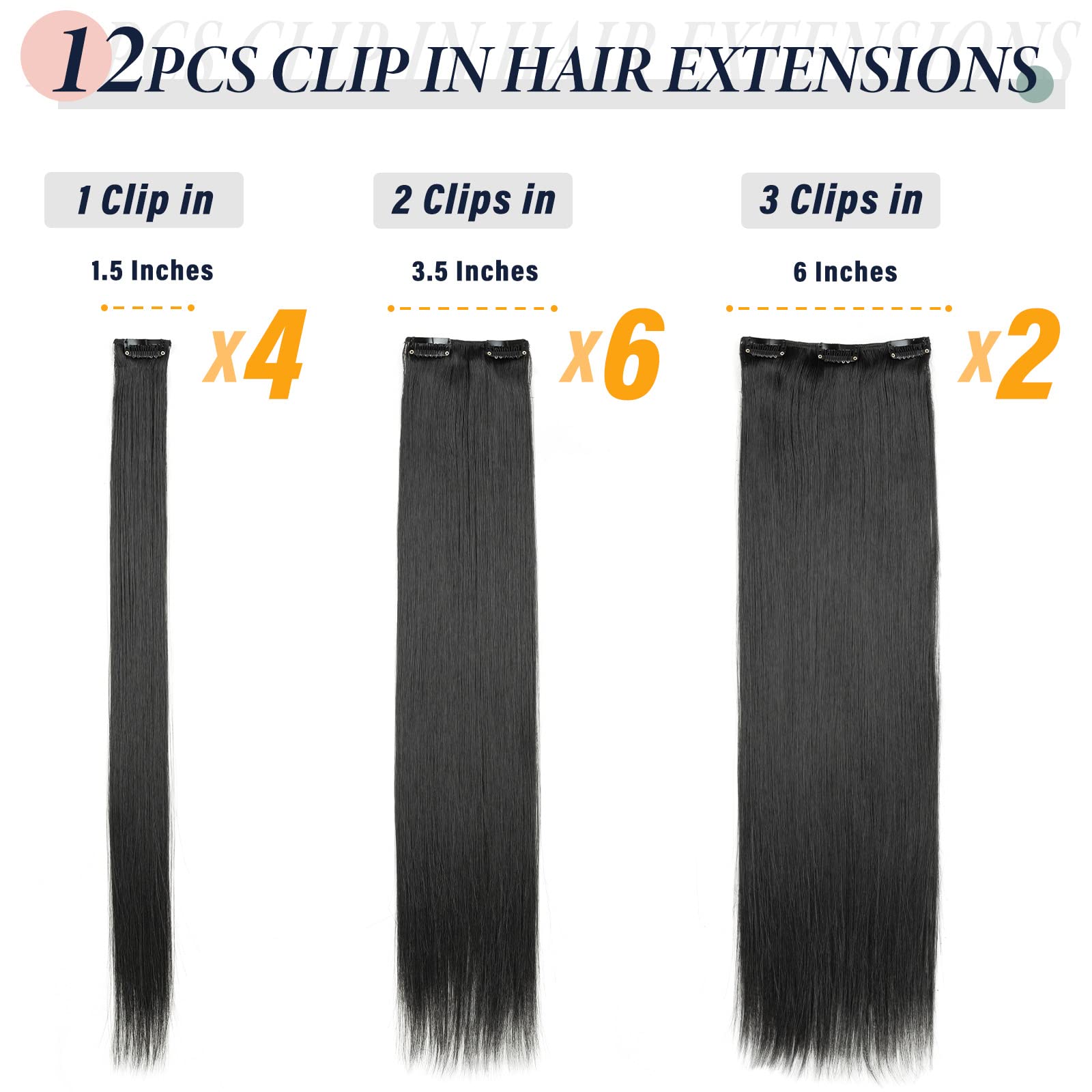 22 Inch Long Straight Clip in Hair Extensions 180 Grams 12PCS Clip in Synthetic Fiber Hair Extensions Natural Black Full Head Double Weft Hairpieces for Women