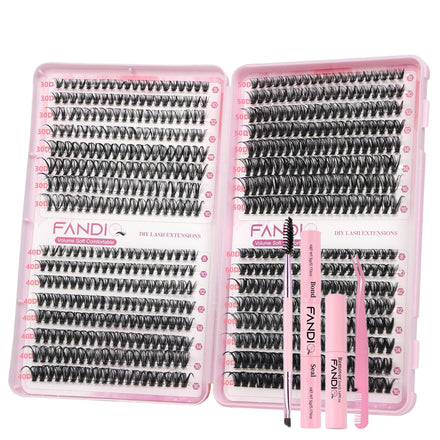 FANDIQ Fluffy Individual Eyelashes Kit 30+40+50+60D Clusters Lashes Kit 640PCS Eyelash Clusters Thick Tatti Lashes Russian Strip D Curl DIY Lash Kit with Lash Bond and Remover Tweezers Brush(C01 KIT)