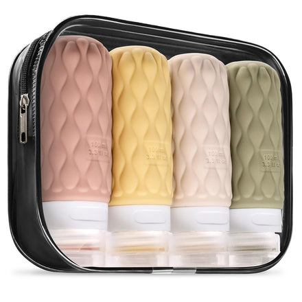 4 Pack Travel Bottles for Toiletries with Labels, 100ML Silicone Travel Bottles Set with Clear Zipper Toiletry Bag, Leakproof Refillable Squeeze Travel Size Containers for Shampoo Conditioner