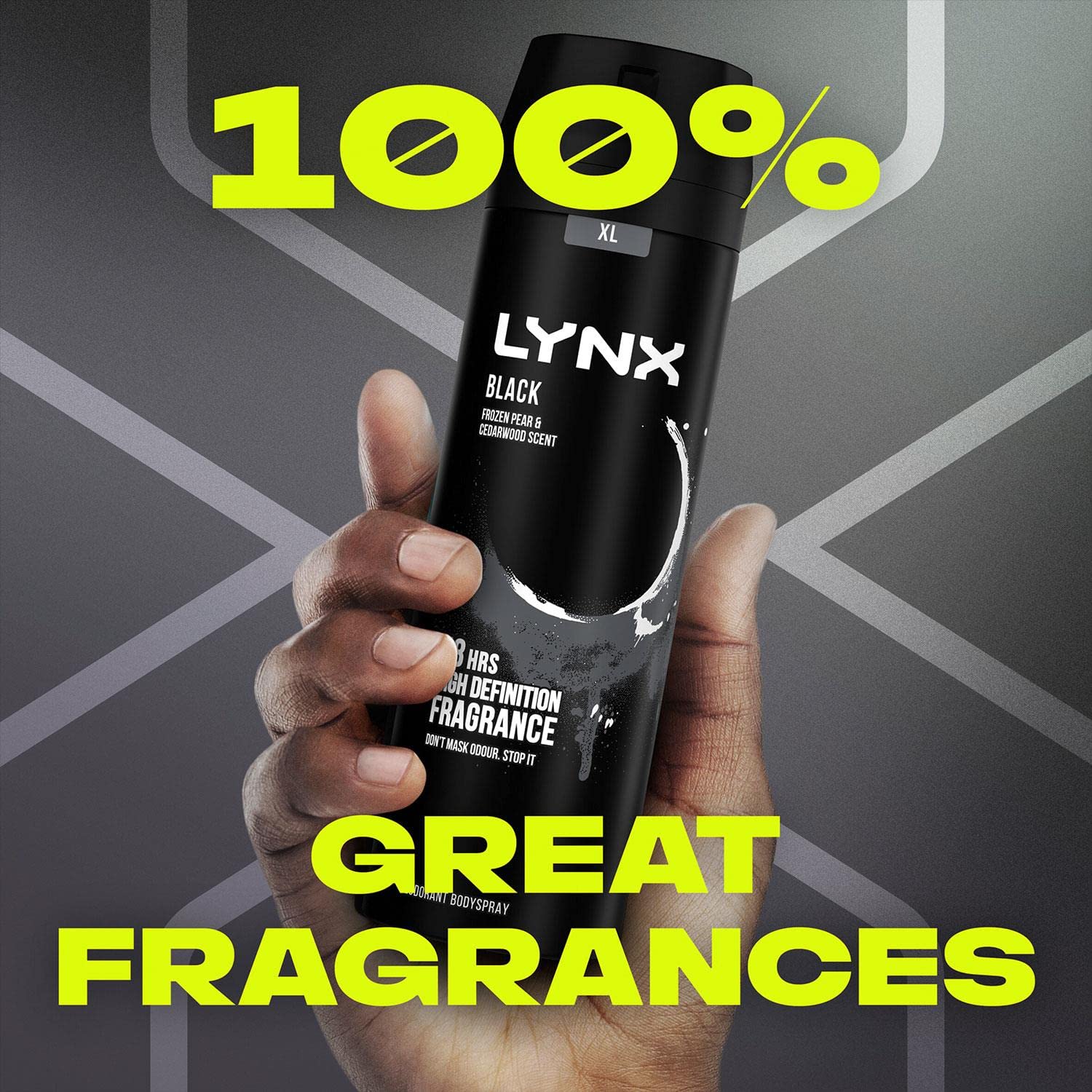 Lynx Pack of 6 XL Black 48 Hours High-Definition Fresh Frozen Pear & Cedarwood Scent Body Spray Deodorant with dual-action odor-busting zinc technology, 200ml