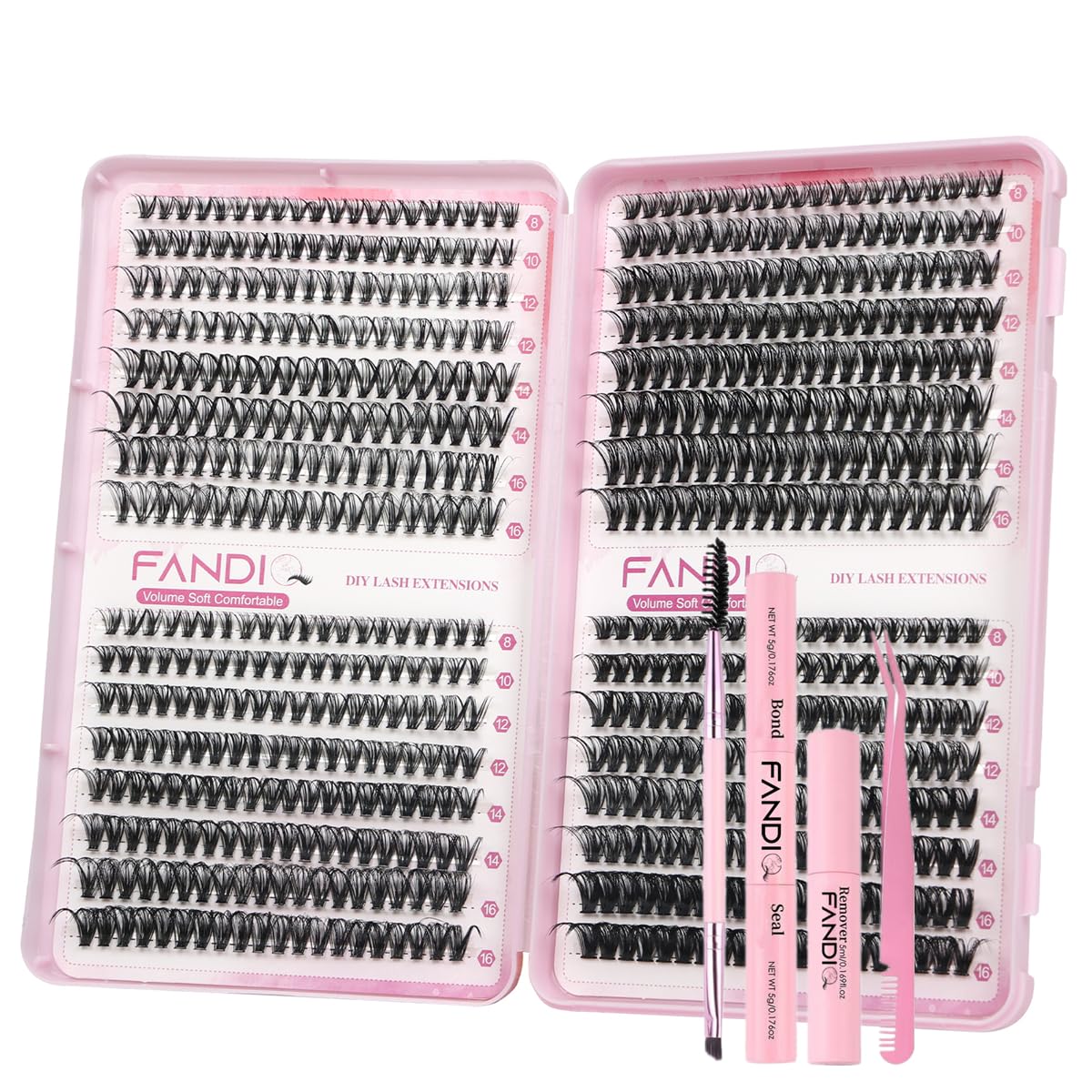 FANDIQ Fluffy Individual Eyelashes Kit 30+40+50+60D Clusters Lashes Kit 640PCS Eyelash Clusters Thick Tatti Lashes Russian Strip D Curl DIY Lash Kit with Lash Bond and Remover Tweezers Brush(C01 KIT)