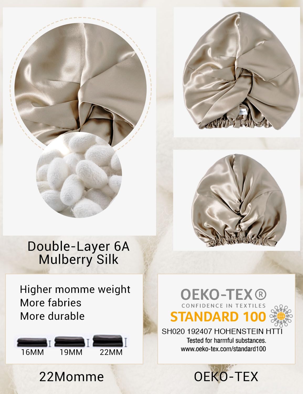 LaCourse 100% Genuine 22Momme Silk Bonnet for Sleeping, Double-Layered Mulberry Silk Hair Wrap with Premium Elastic Stay on Head. (One Size,Caramel)