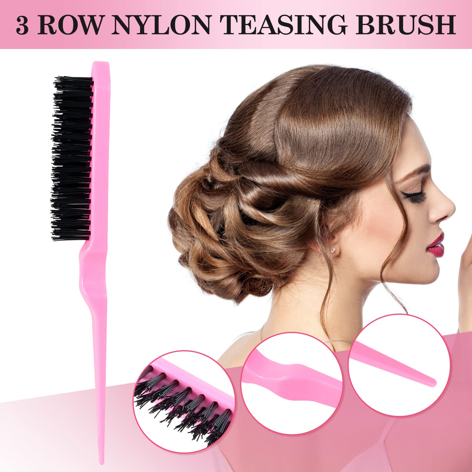 Sularpek 3 Pieces Slick Brush Set Bristle Hair Brush, Teasing Brush Edge Brush, Rat Tail Comb, for Edge & Back Brushing, Combing Slicking Hair for Women Girls (Pink)