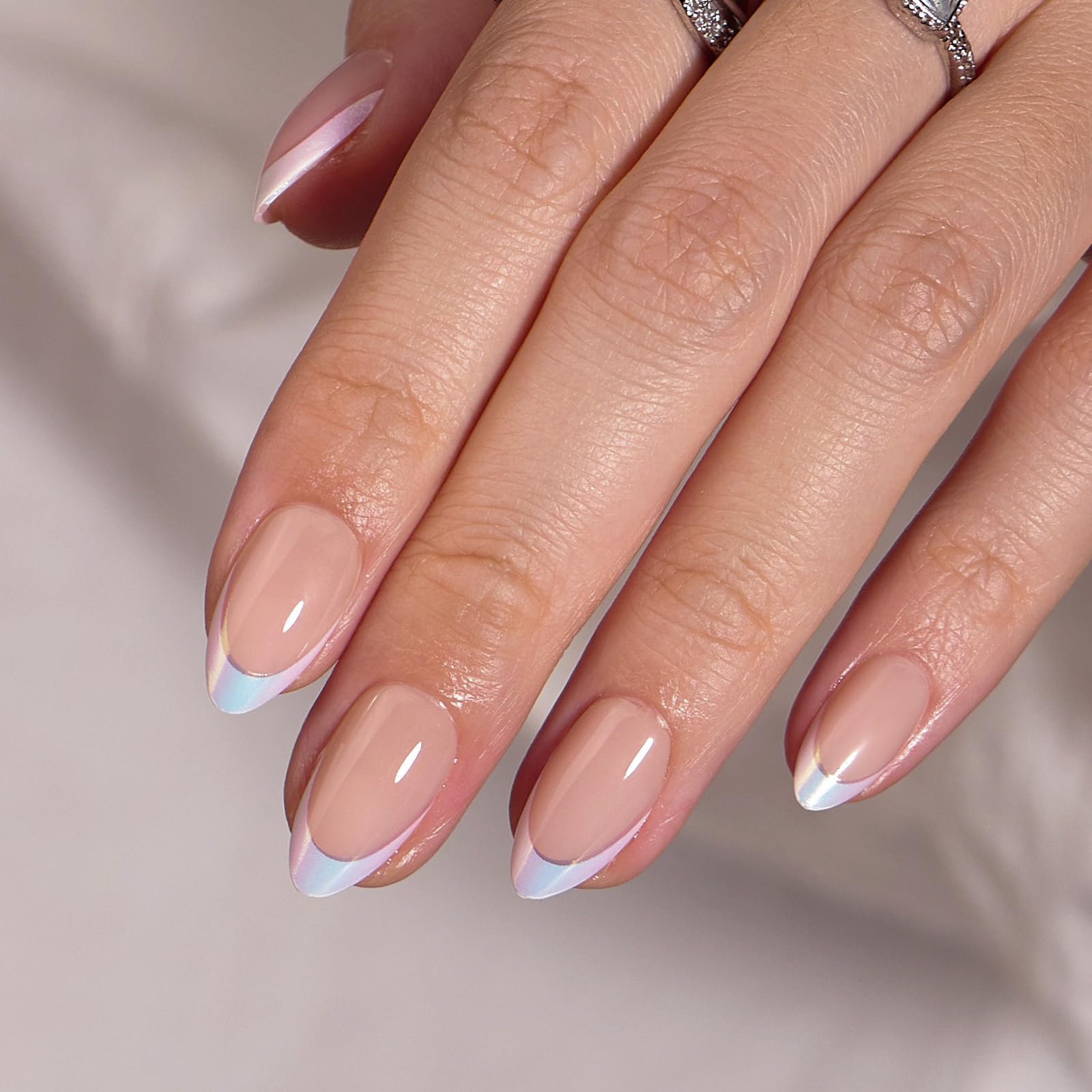 BTArtbox French Tip False Nails Short - Almond Press on Nails in 15 Sizes, 30Pcs Soft Gel Fake Nail with Glue, Reusable Semi-Transparent Stick on Nails for Women, Mermaid