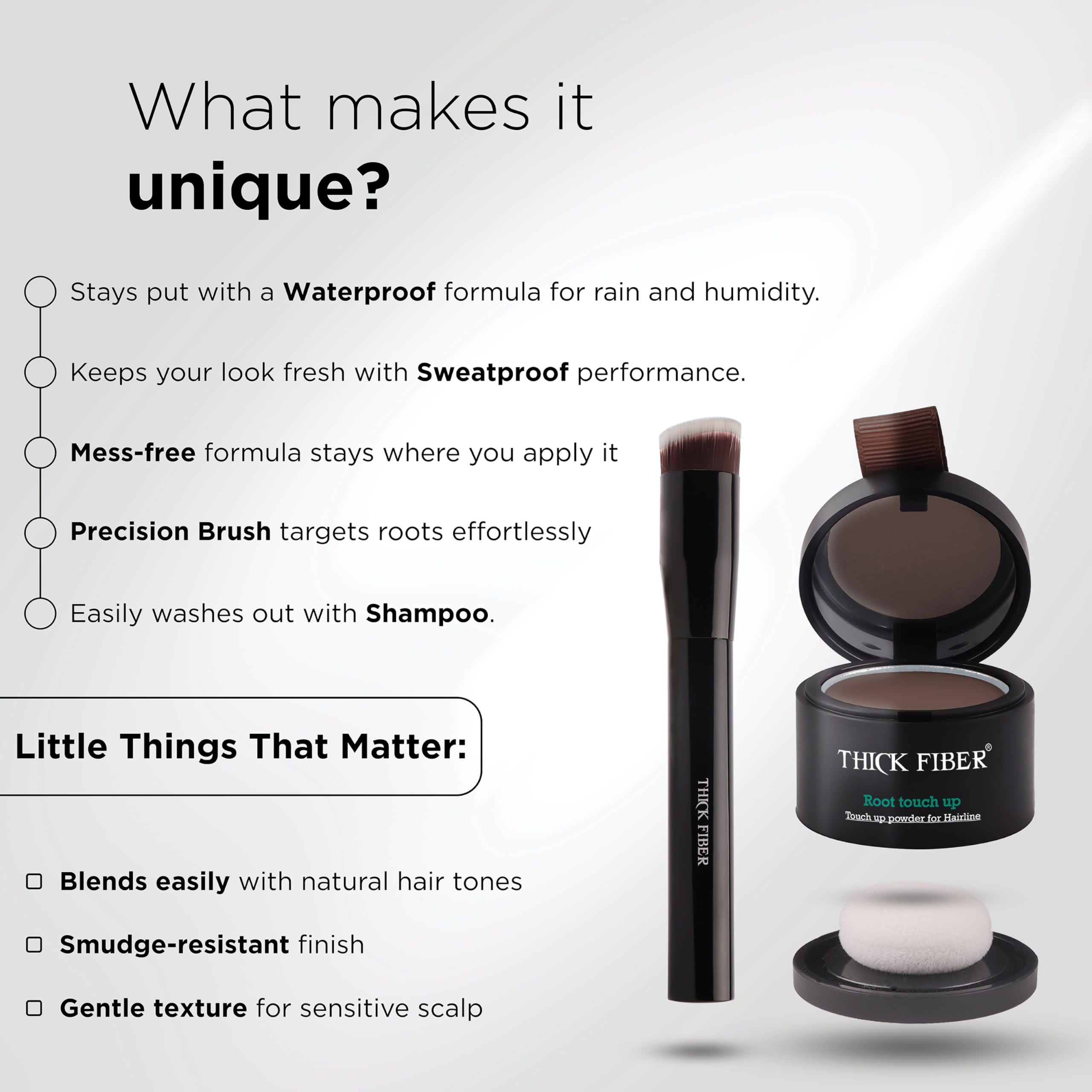 THICK FIBER Root Touch Up Powder – Covers Gray Roots & Hairline for Women – Water & Sweat Resistant Hair Powder Concealer for Thinning Hair with Brush Included (Medium Brown)
