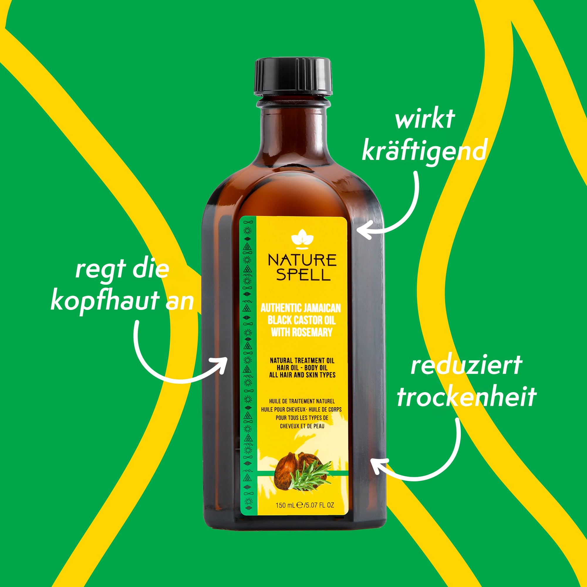 Nature Spell Jamaican Black Castor Oil Infused with Rosemary for Body & Hair, Strengthen Roots & Treat Damaged Hair, 5.07 Fl Oz