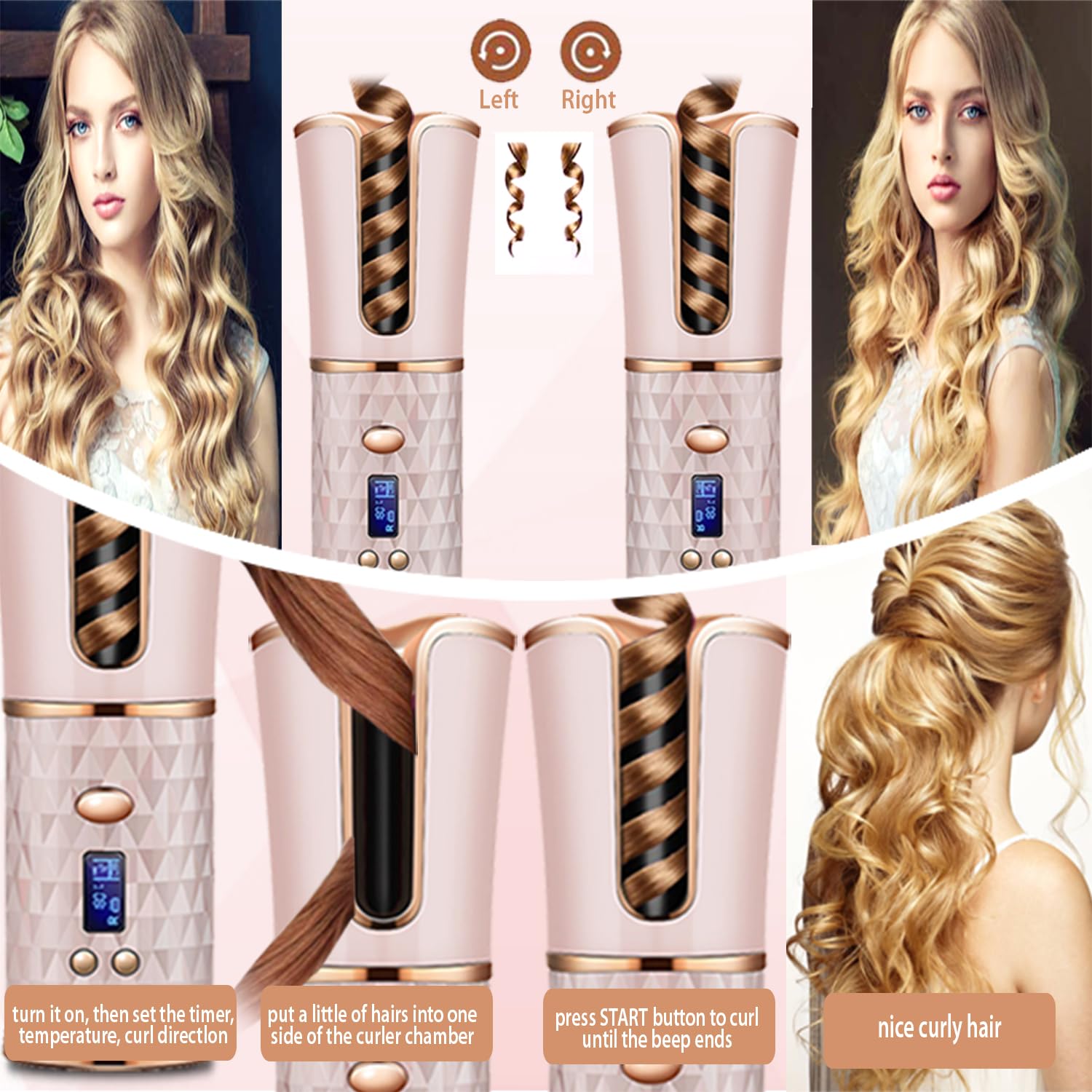 SevenPanda Hair Curler,Rotating Curling Wand Curling Tongs, Cordless Auto Curler,Long Lasting with Ceramic Professional Hair Crimper LCD Display 6 Kinds of Temp. Control & Timer Settings Curler