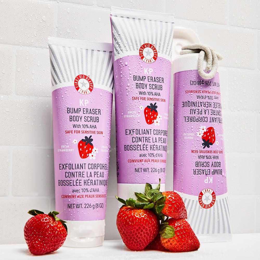 First Aid Beauty - KP Bump Eraser Body Scrub with 10% AHA, Keratosis Pilaris Exfoliater with Glycolic and Lactic acids, Helps Reduce Chicken Skin Bumps, Safe for Sensitive Skin, Strawberry Scent, 226g