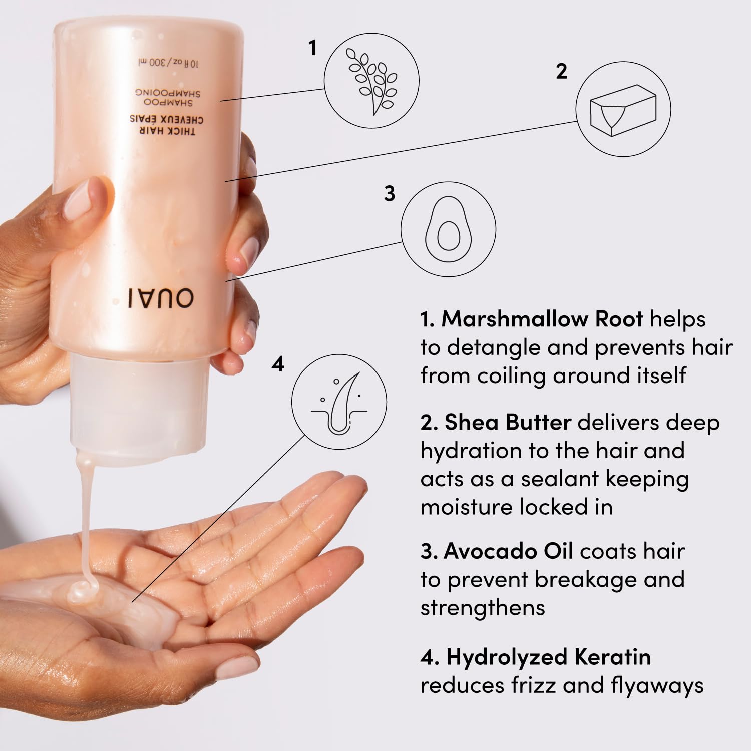 OUAI Thick Shampoo + Conditioner Set - Fight Frizz and Nourish Dry, Thick Hair with Keratin, Marshmallow Root, Shea Butter & Avocado Oil - Free of Parabens, Sulfates & Phthalates - 300 ml Each