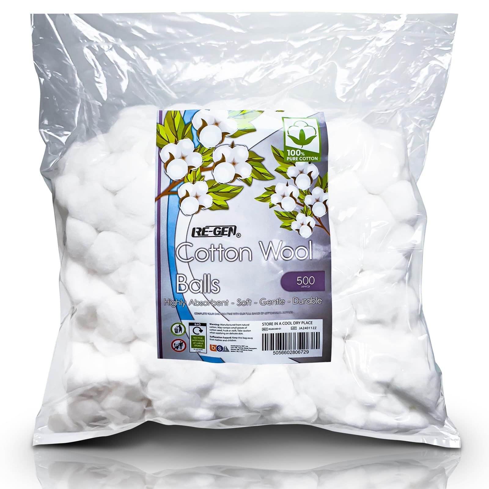 2500pc Full Box (5X 500pc Bags) | RE-GEN 100% Natural Cotton Wool Balls Healthcare Dressing Cleaning Cotton Wool Pads | Ideal for First Aid, Health & Beauty, Personal Care, Cosmetics