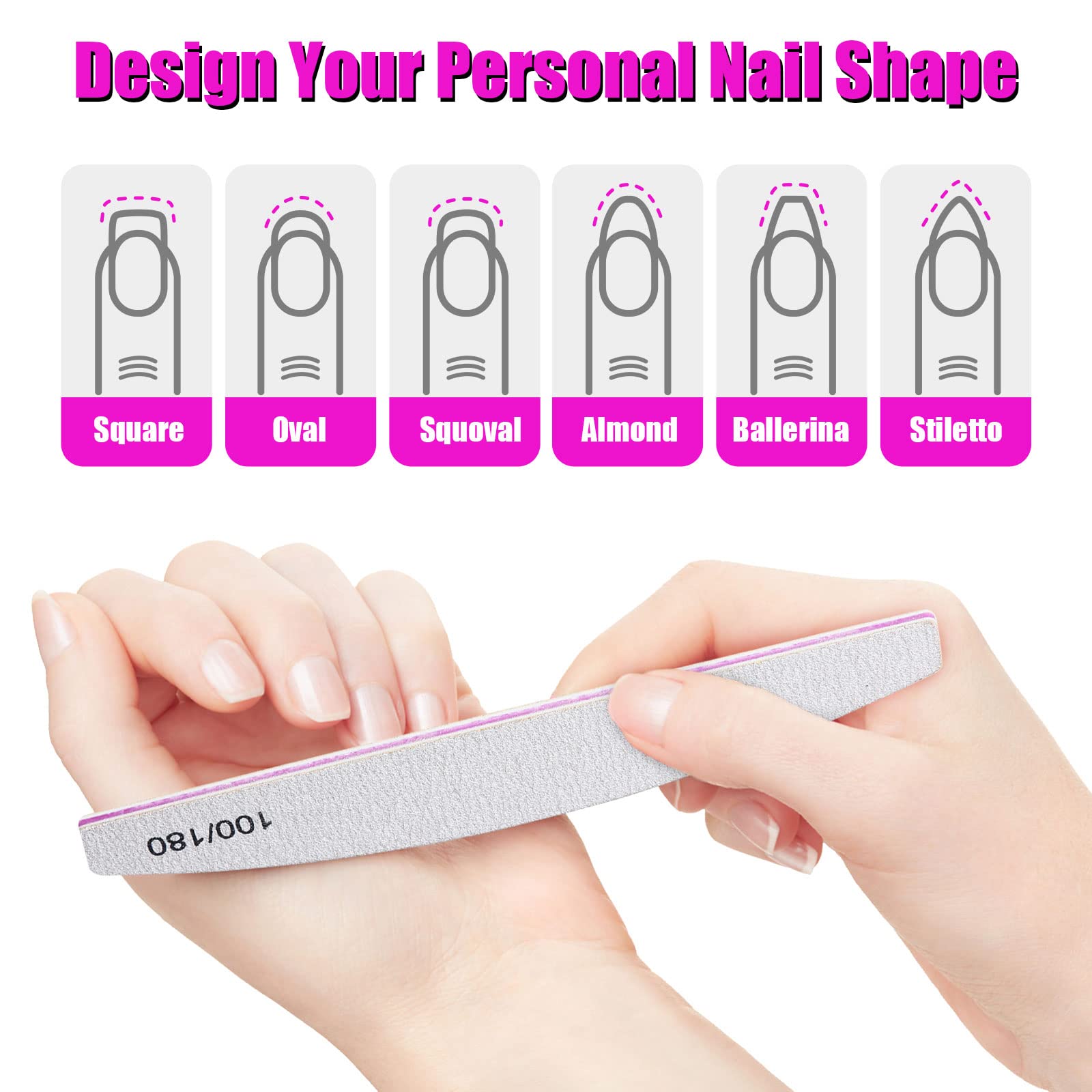 FANDAMEI 10 Pcs in 5 Shapes Professional Nail Files 100/180 Grit Double Sided Polishing Sanding for Manicure, Home and Salon